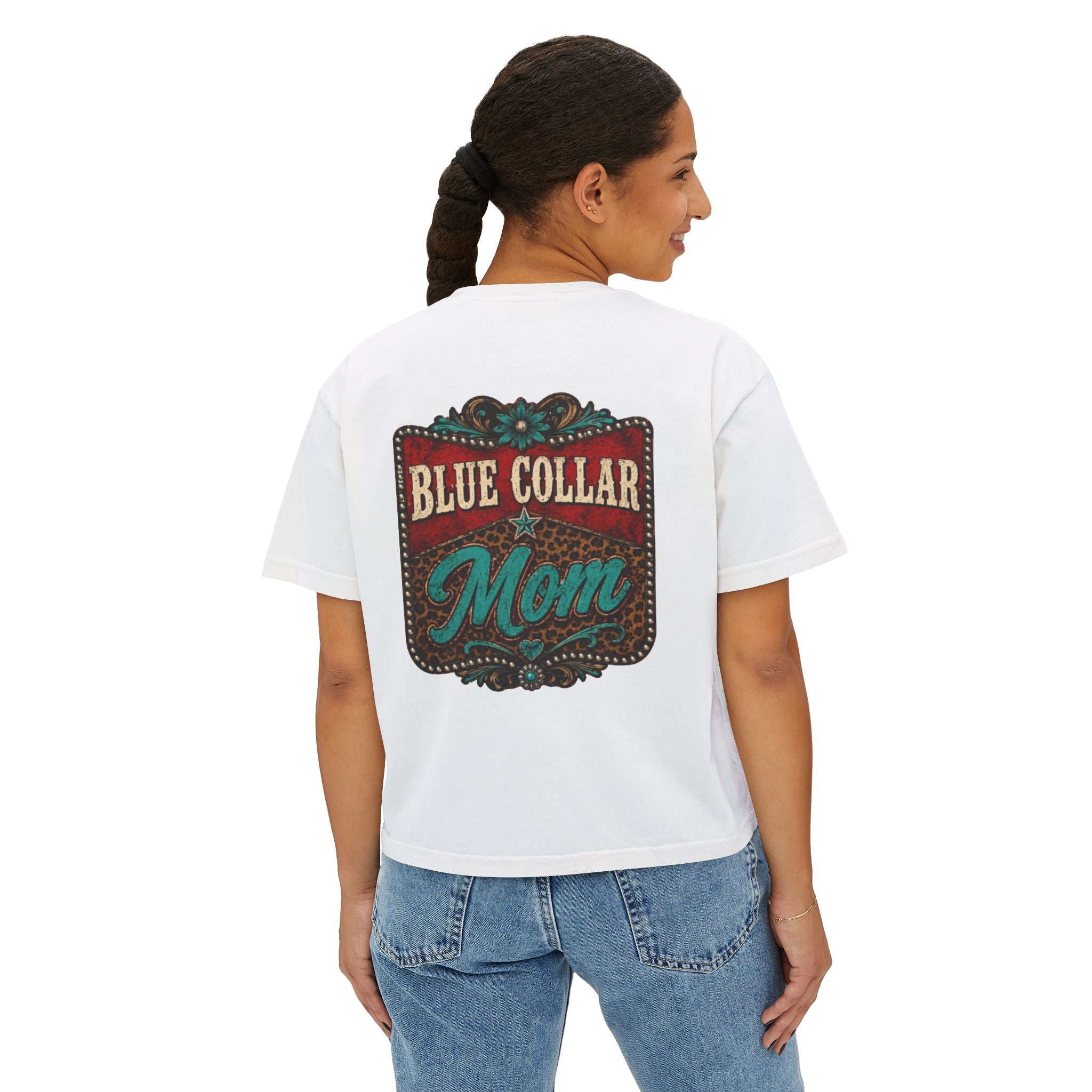 Blue Collar Mom Boxy Tee — Rustic Western Graphic Women’s T‑Shirt