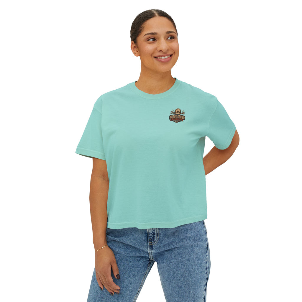Blue Collar Brat Women's Boxy Tee — Retro Workwear Graphic Crop T-Shirt