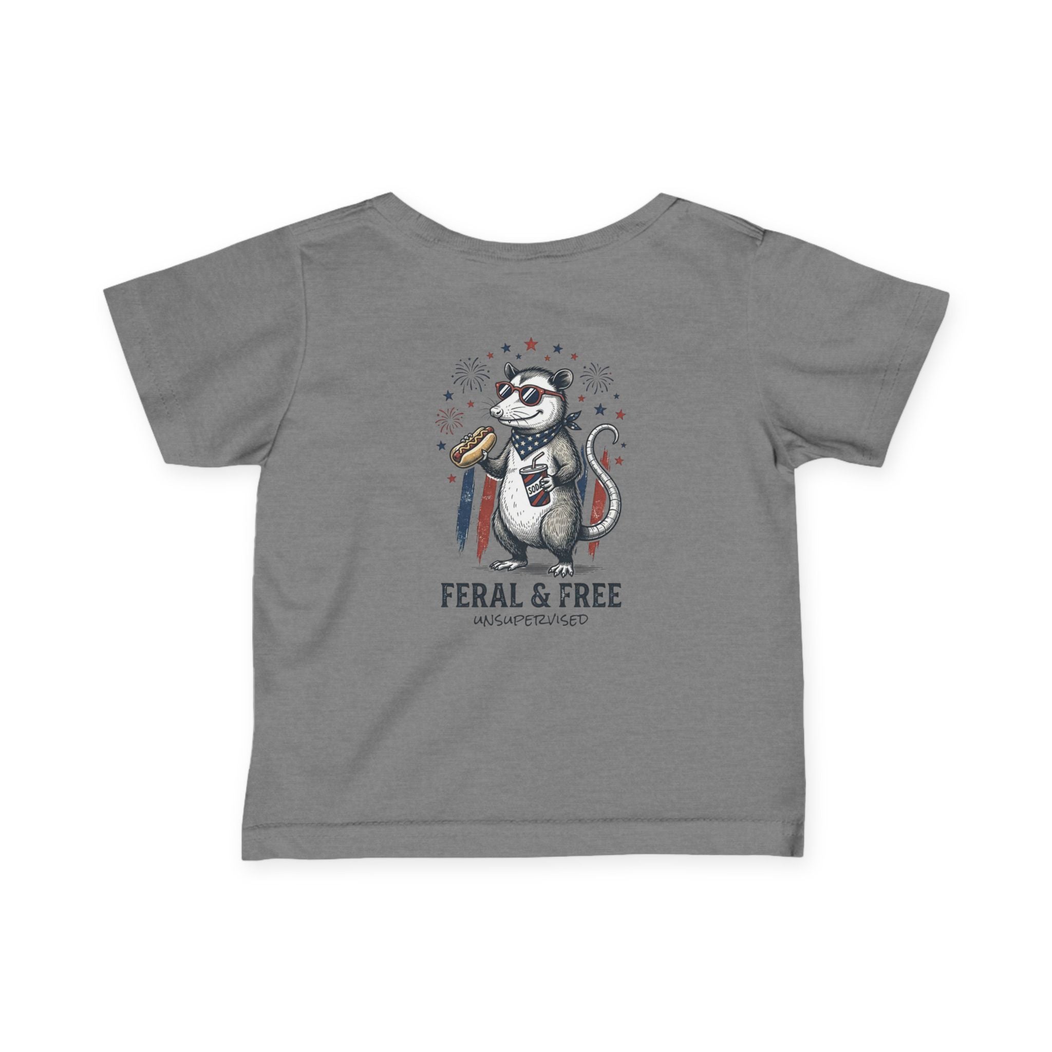 Infant Tee — "Feral & Free" Patriotic Raccoon Baby Shirt