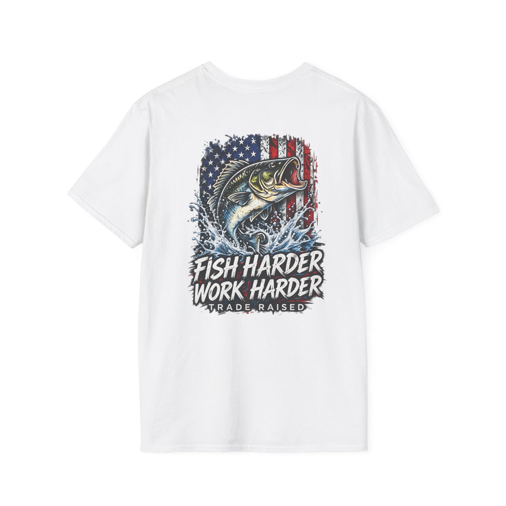 Fish Harder Work Harder T-Shirt — American Flag Bass Fishing Tee