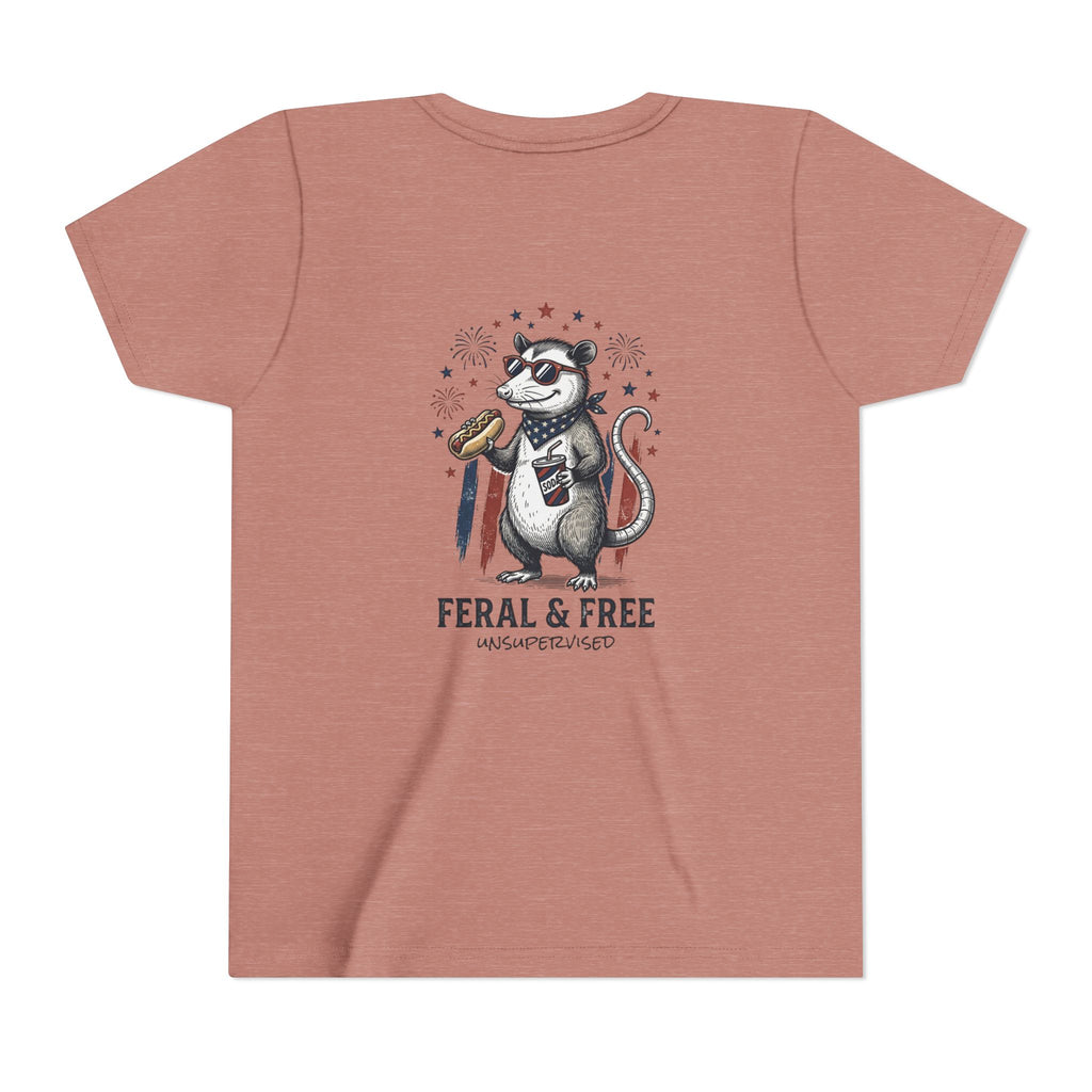 Youth Tee — "Feral & Free" Patriotic Possum Kids' Short Sleeve T-Shirt