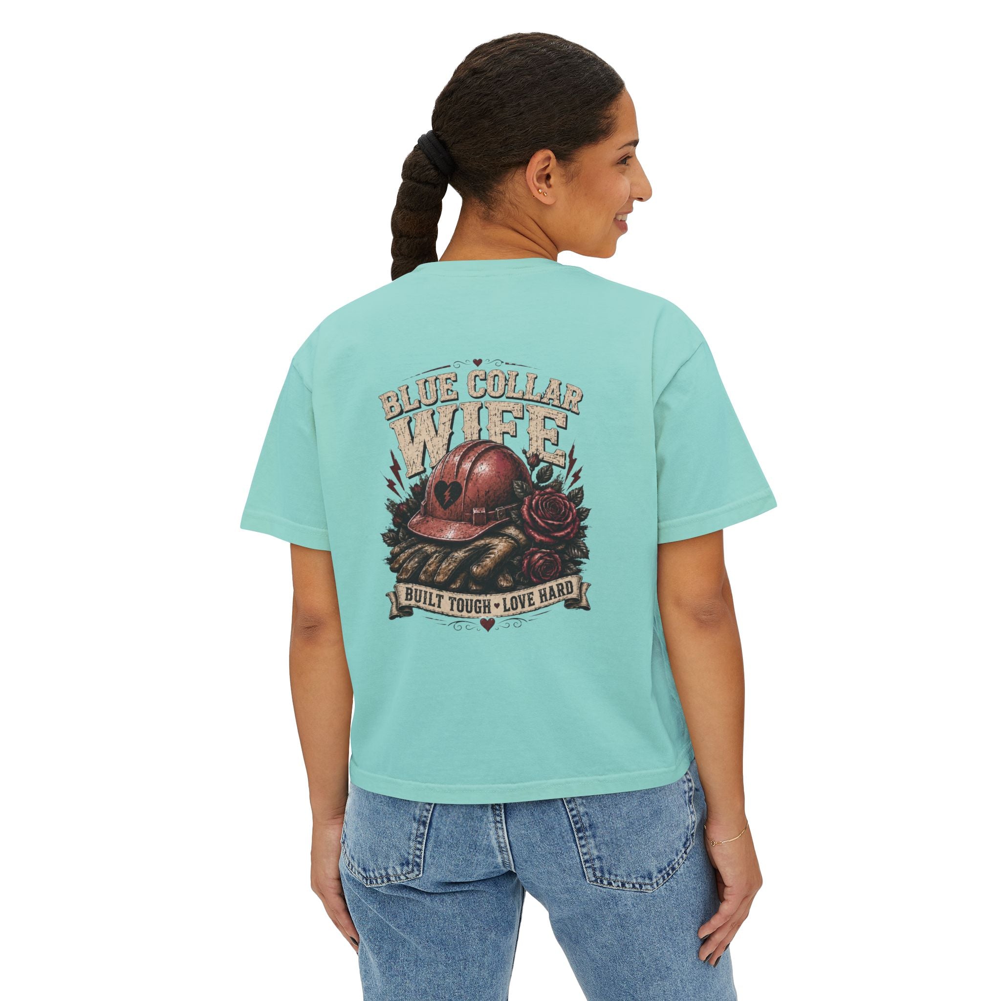 Blue Collar Wife Boxy Tee — "Built Tough, Love Hard" Vintage Worker Wife Shirt