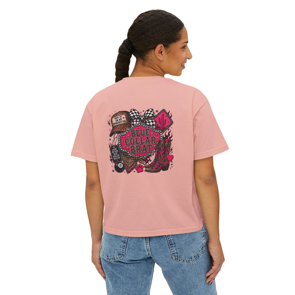 Blue Collar Brat Women's Boxy Tee — Retro Workwear Graphic Crop T-Shirt
