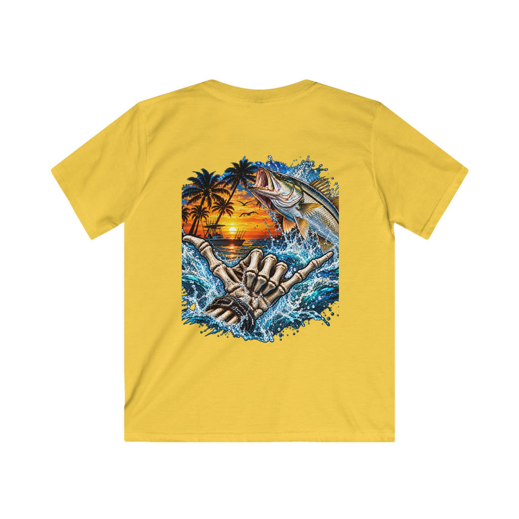 Kids Tee — Tropical Fishing Sunset Graphic (Back) with Small Front Logo