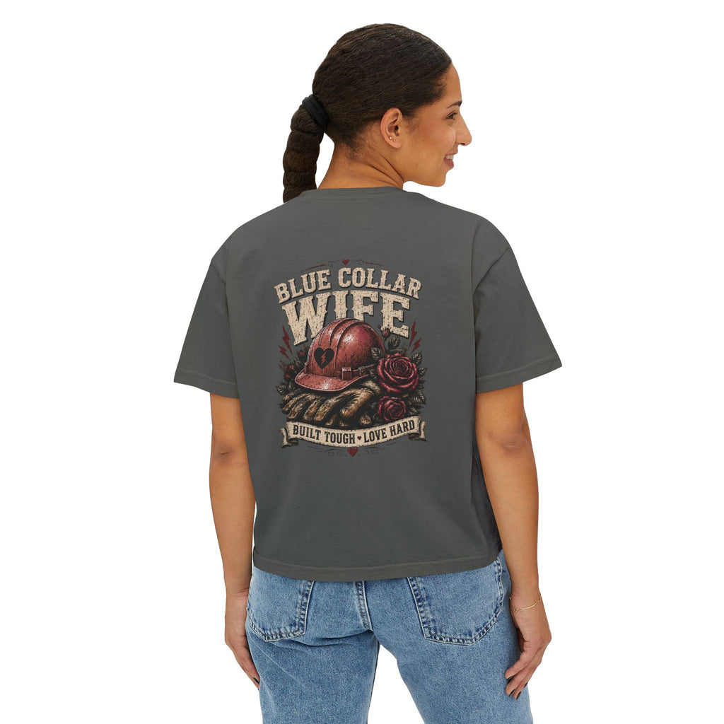Blue Collar Wife Boxy Tee — "Built Tough, Love Hard" Vintage Worker Wife Shirt