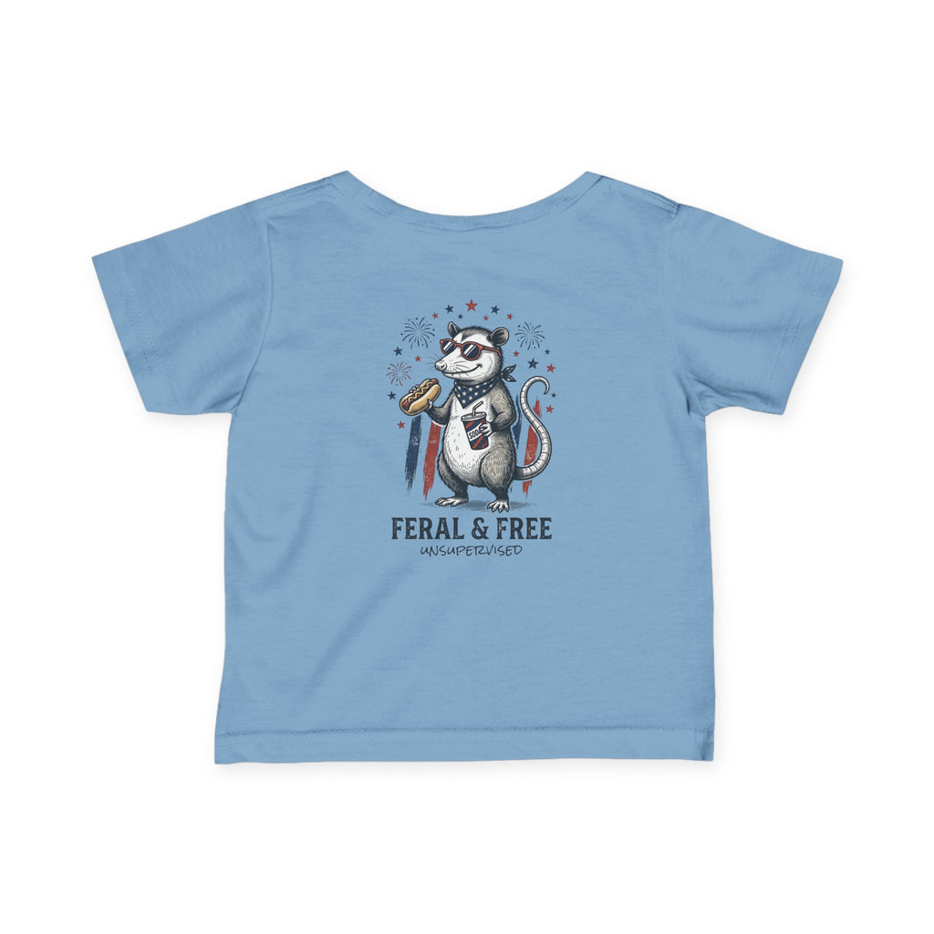 Infant Tee — "Feral & Free" Patriotic Raccoon Baby Shirt