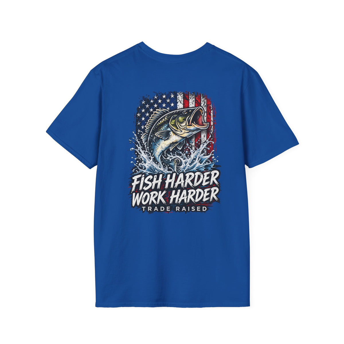 Fish Harder Work Harder T-Shirt — American Flag Bass Fishing Tee