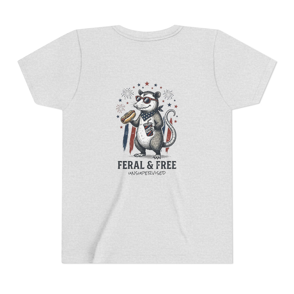Youth Tee — "Feral & Free" Patriotic Possum Kids' Short Sleeve T-Shirt