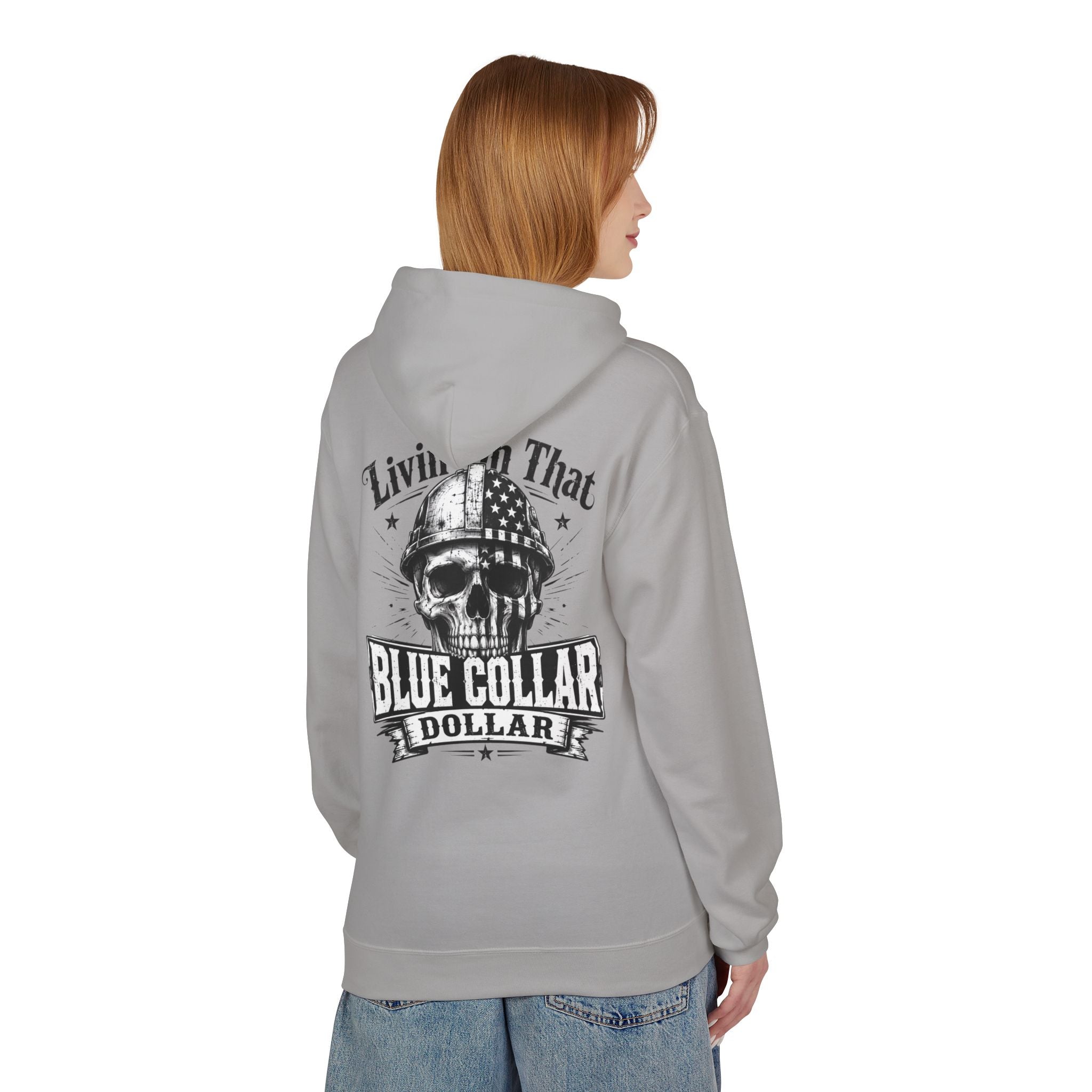 Blue Collar Dollar Hoodie — "Livin' That" Skull Workwear Pullover