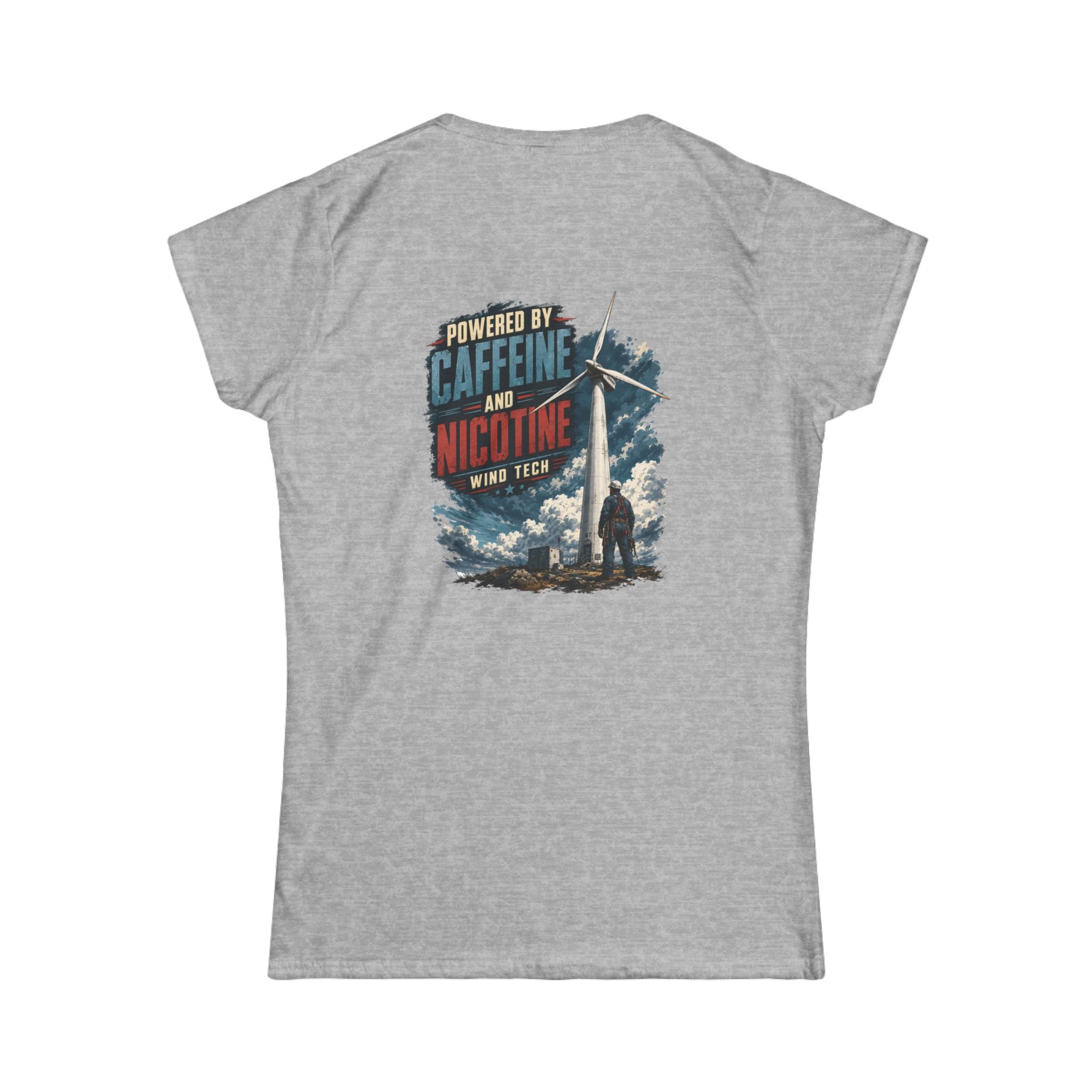 Women's Tee — "Powered by Caffeine and Nicotine" Retro Graphic Chest & Back