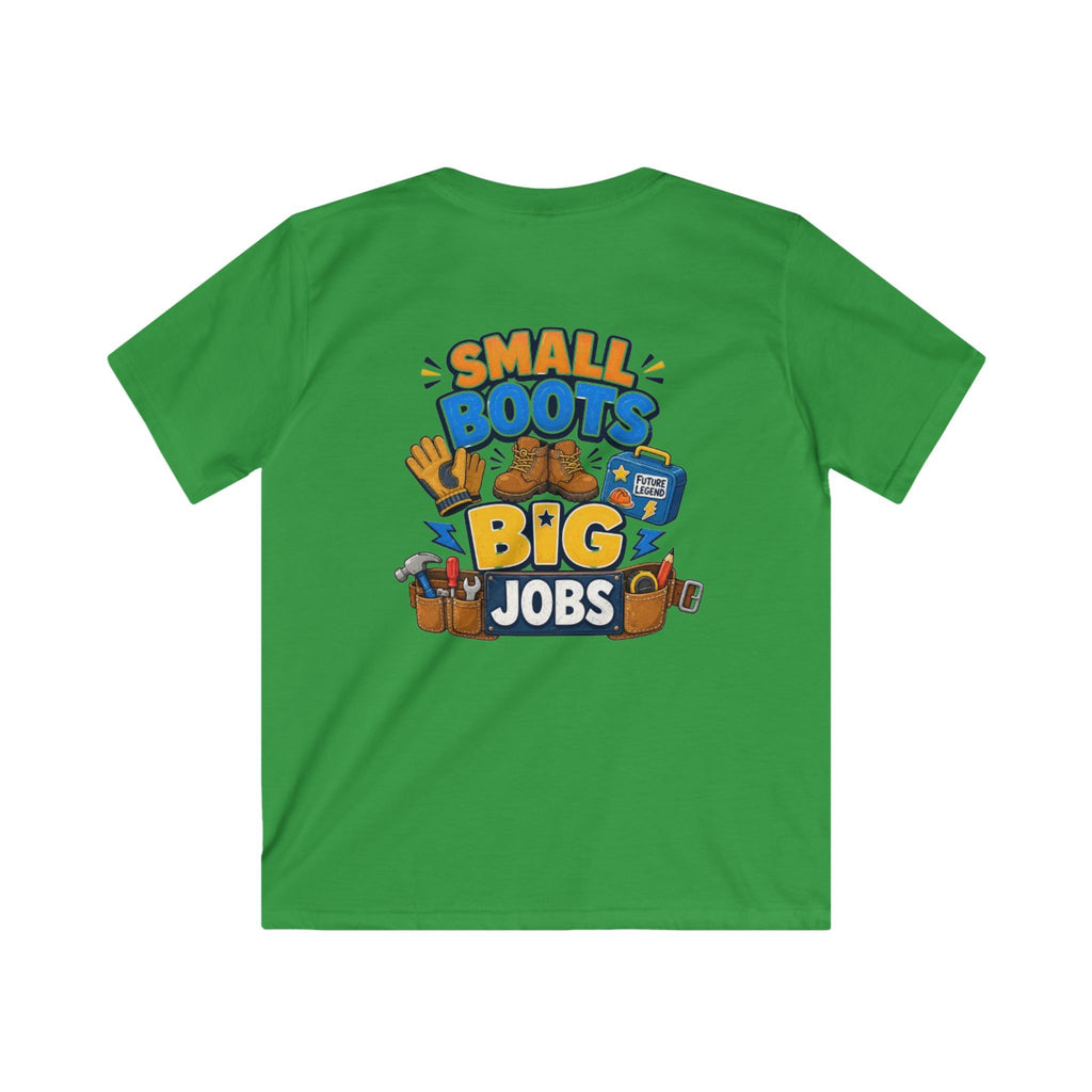 Kids Tee — "Small Boots Big Jobs" Construction Graphic Shirt for Young Builders