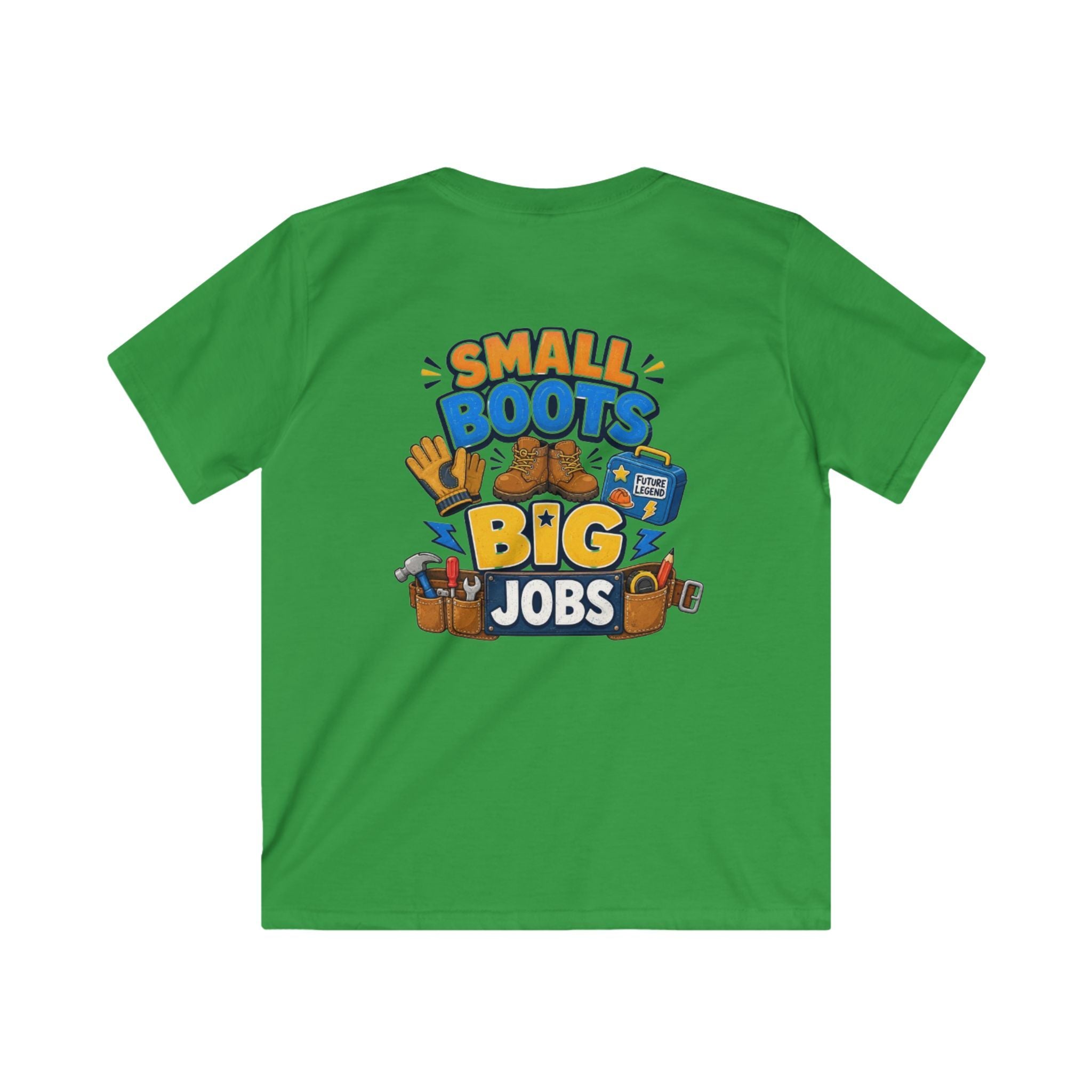 Kids Tee — "Small Boots Big Jobs" Construction Graphic Shirt for Young Builders