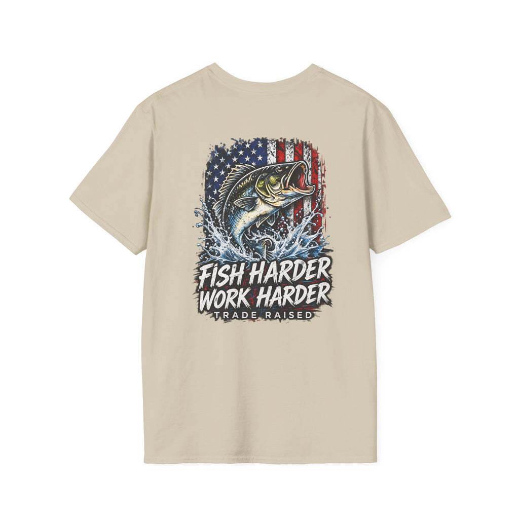 Fish Harder Work Harder T-Shirt — American Flag Bass Fishing Tee