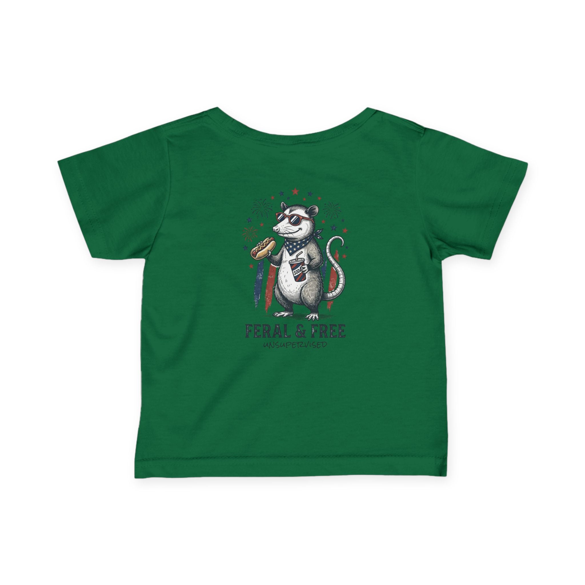 Infant Tee — "Feral & Free" Patriotic Raccoon Baby Shirt