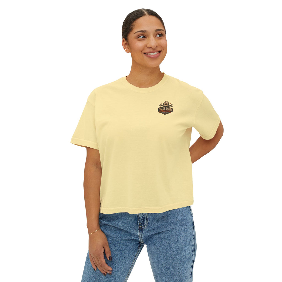 Blue Collar Brat Women's Boxy Tee — Retro Workwear Graphic Crop T-Shirt