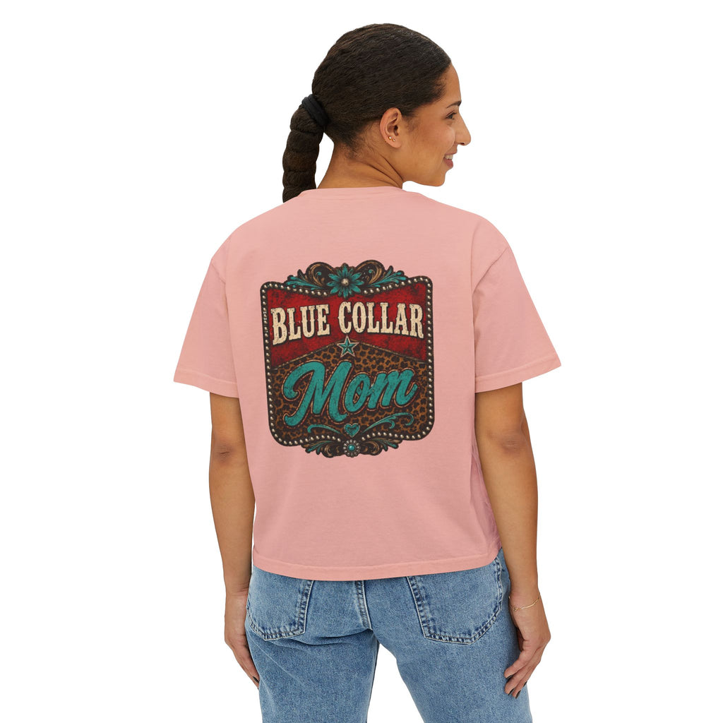 Blue Collar Mom Boxy Tee — Rustic Western Graphic Women’s T‑Shirt