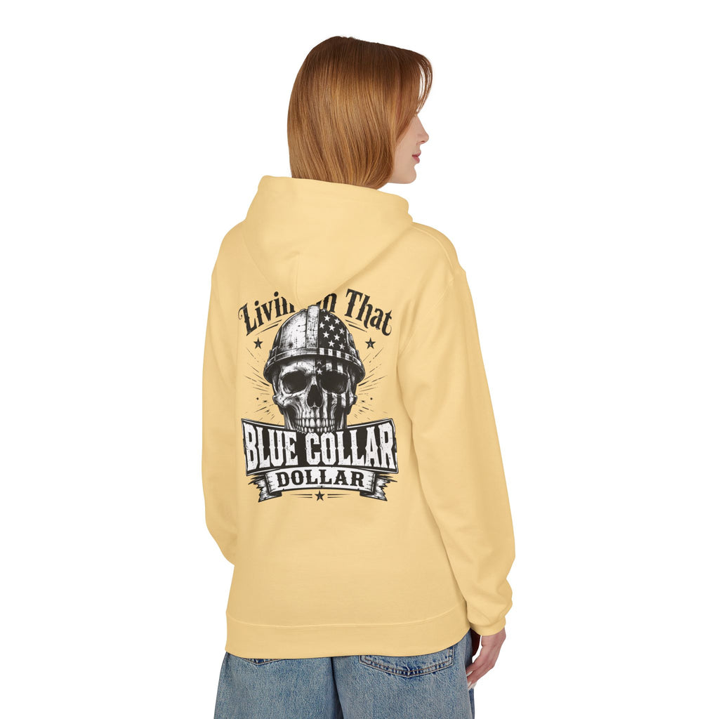 Blue Collar Dollar Hoodie — "Livin' That" Skull Workwear Pullover
