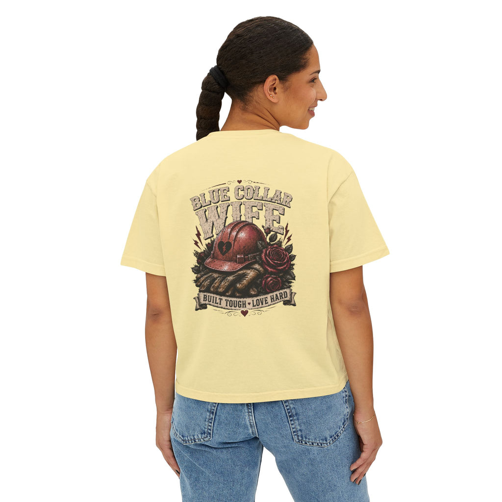 Blue Collar Wife Boxy Tee — "Built Tough, Love Hard" Vintage Worker Wife Shirt