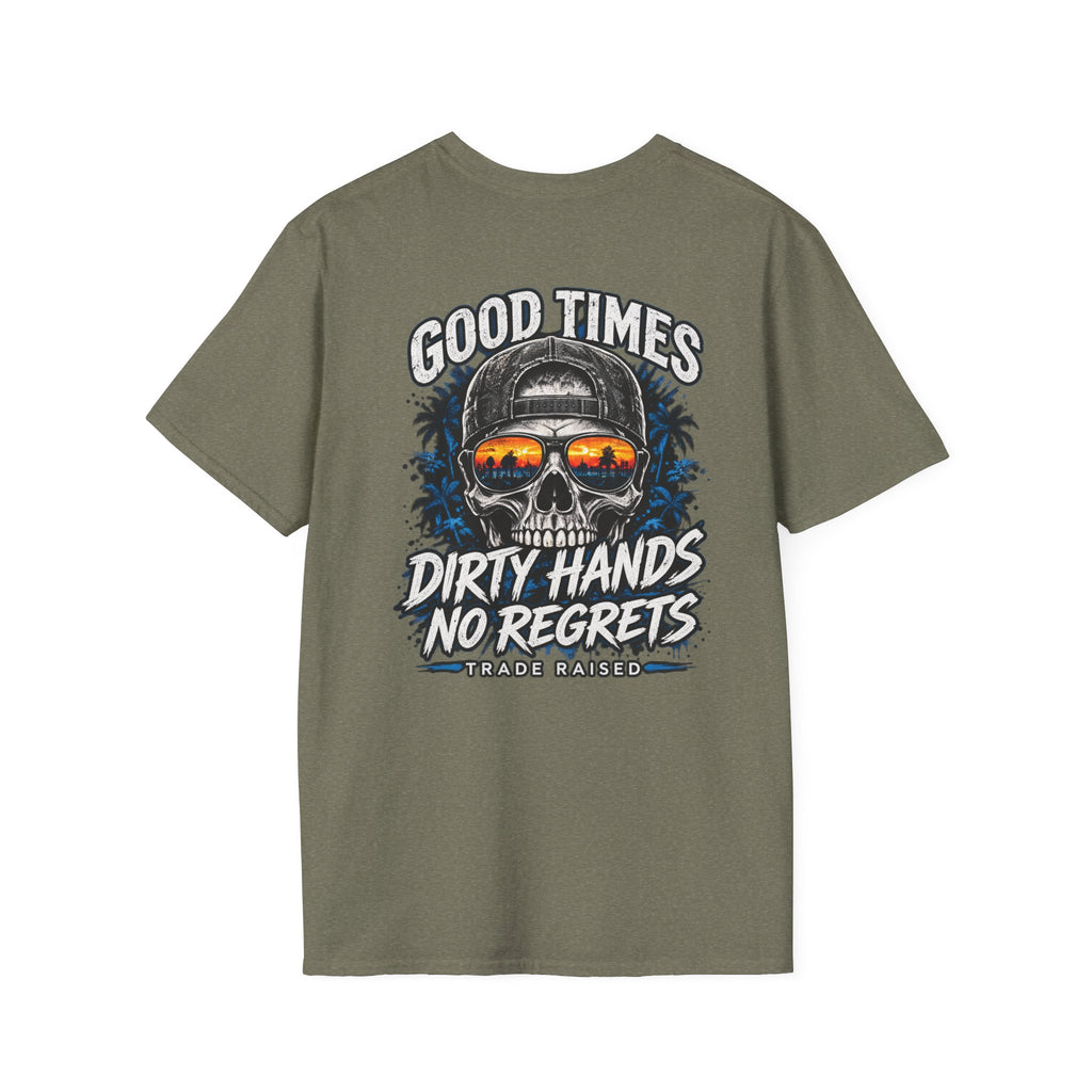 Skull Sunset T-Shirt — "Good Times Dirty Hands No Regrets" Graphic Tee