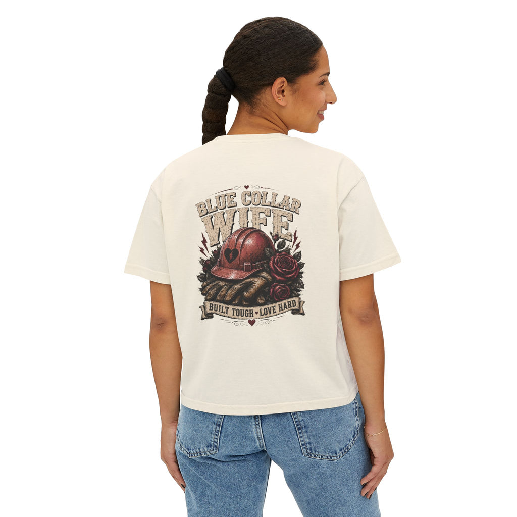 Blue Collar Wife Boxy Tee — "Built Tough, Love Hard" Vintage Worker Wife Shirt