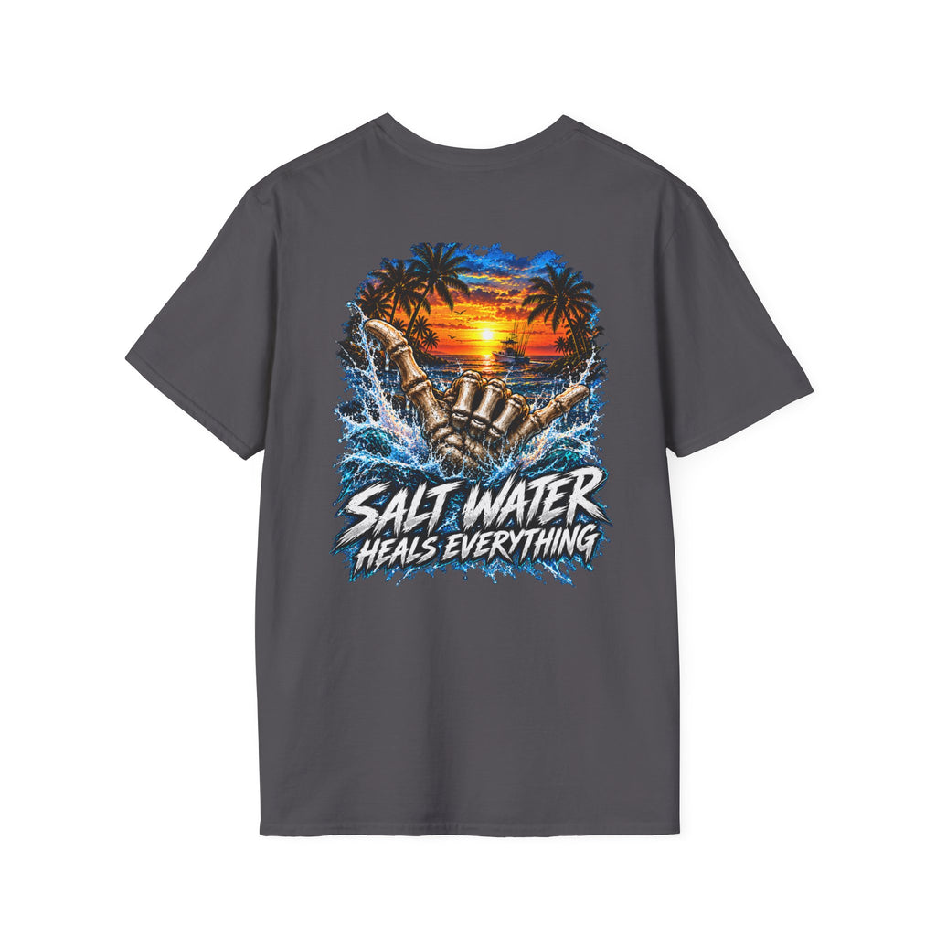 Salt Water Heals Everything T-Shirt — Tropical Sunset Beach Fishing Tee