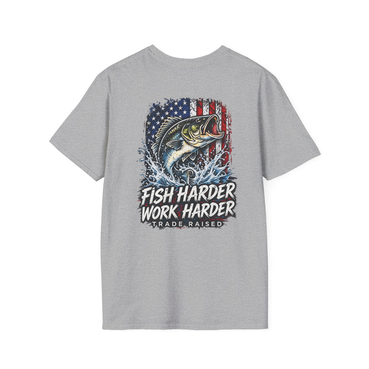 Fish Harder Work Harder T-Shirt — American Flag Bass Fishing Tee