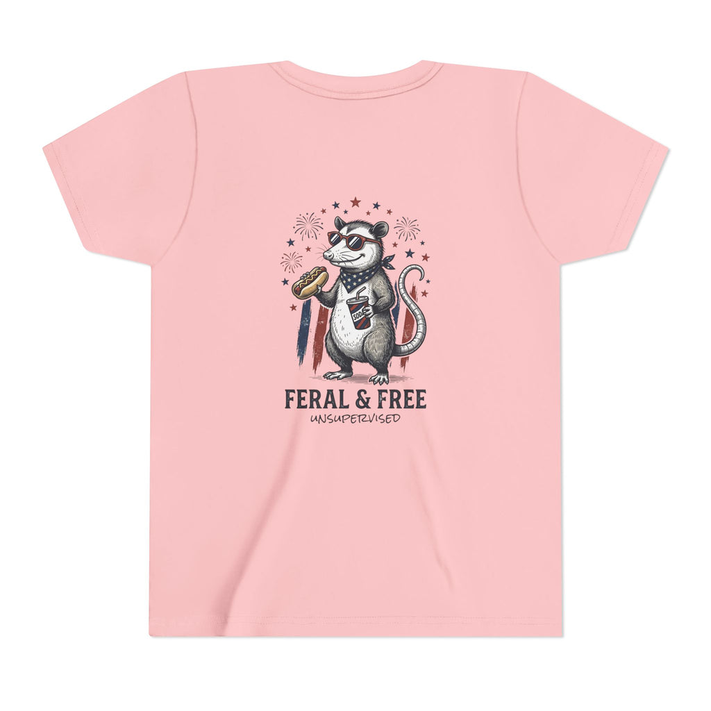 Youth Tee — "Feral & Free" Patriotic Possum Kids' Short Sleeve T-Shirt