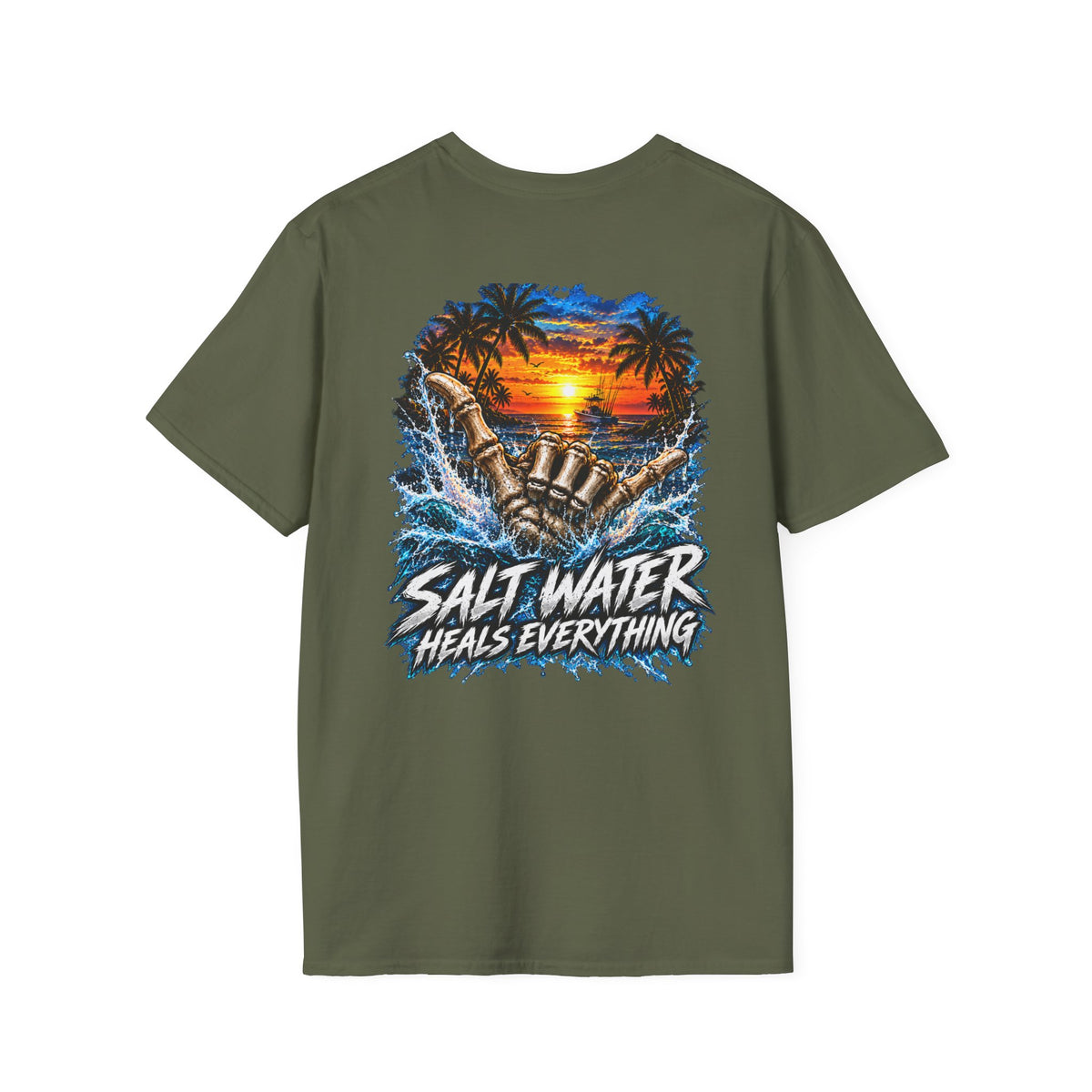 Salt Water Heals Everything T-Shirt — Tropical Sunset Beach Fishing Tee