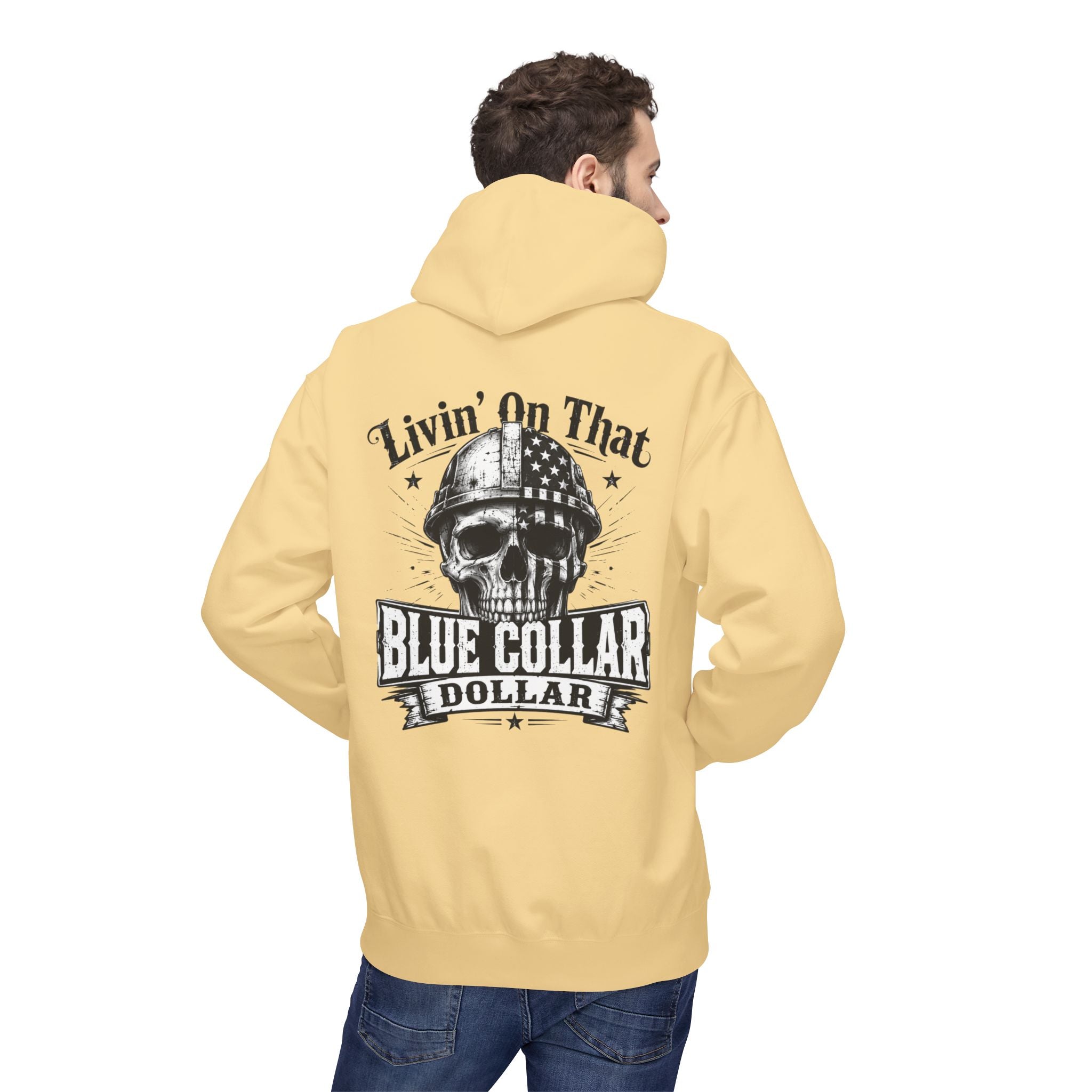 Blue Collar Dollar Hoodie — "Livin' That" Skull Workwear Pullover