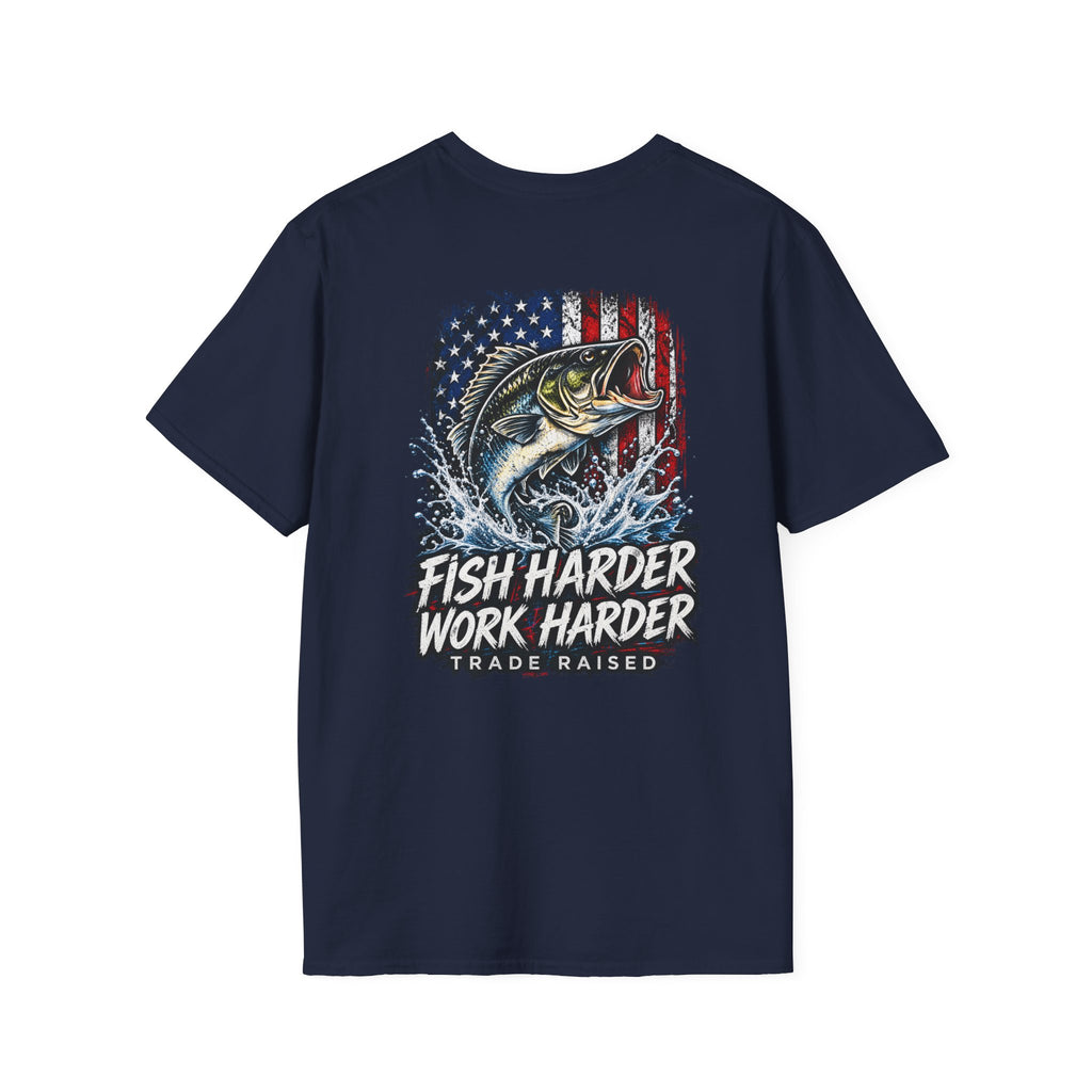 Fish Harder Work Harder T-Shirt — American Flag Bass Fishing Tee