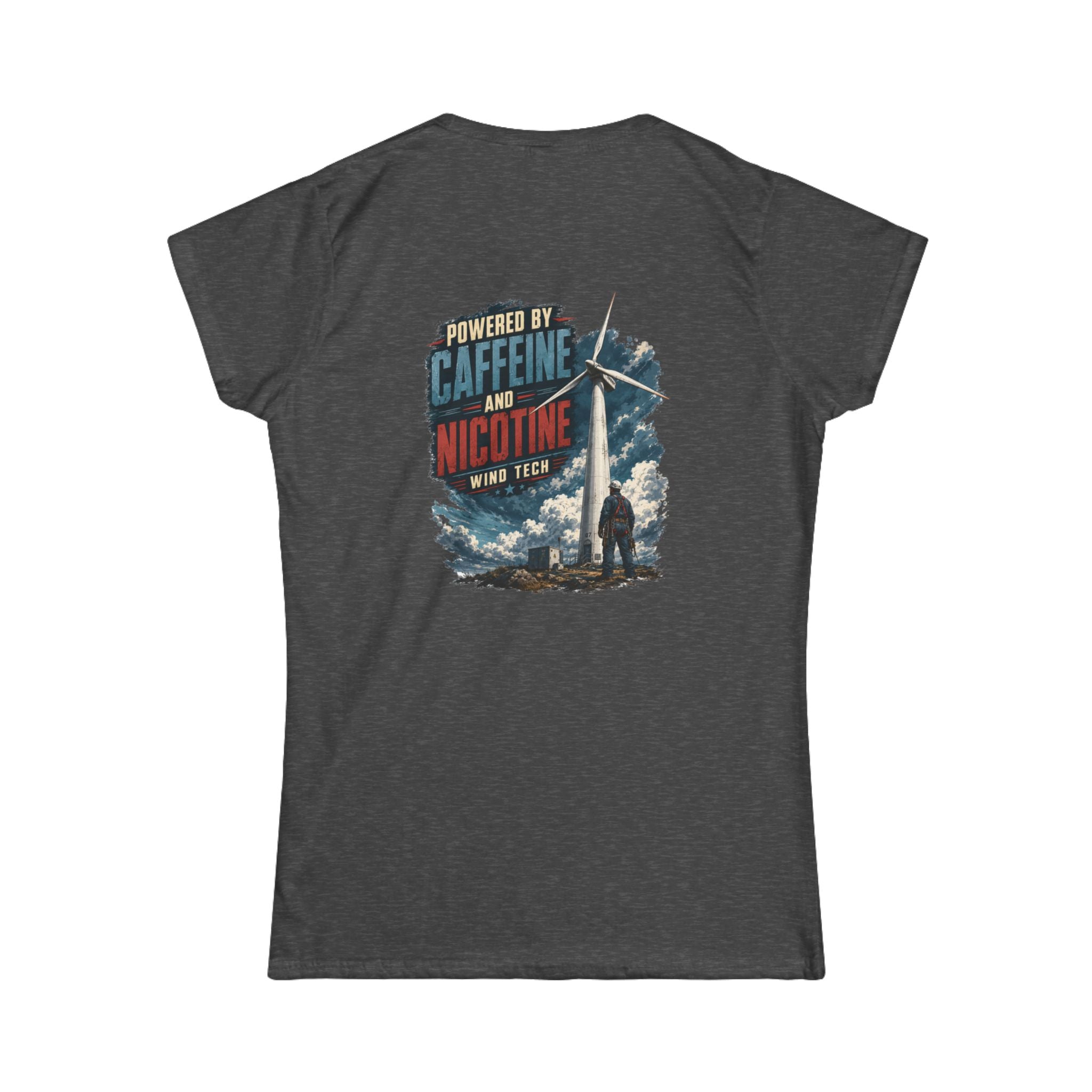 Women's Tee — "Powered by Caffeine and Nicotine" Retro Graphic Chest & Back