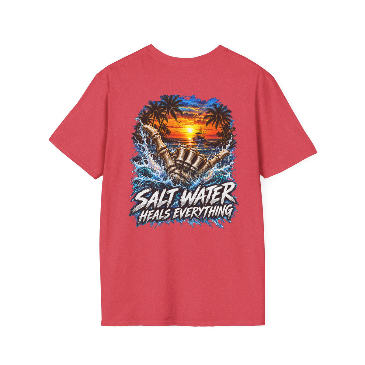 Salt Water Heals Everything T-Shirt — Tropical Sunset Beach Fishing Tee