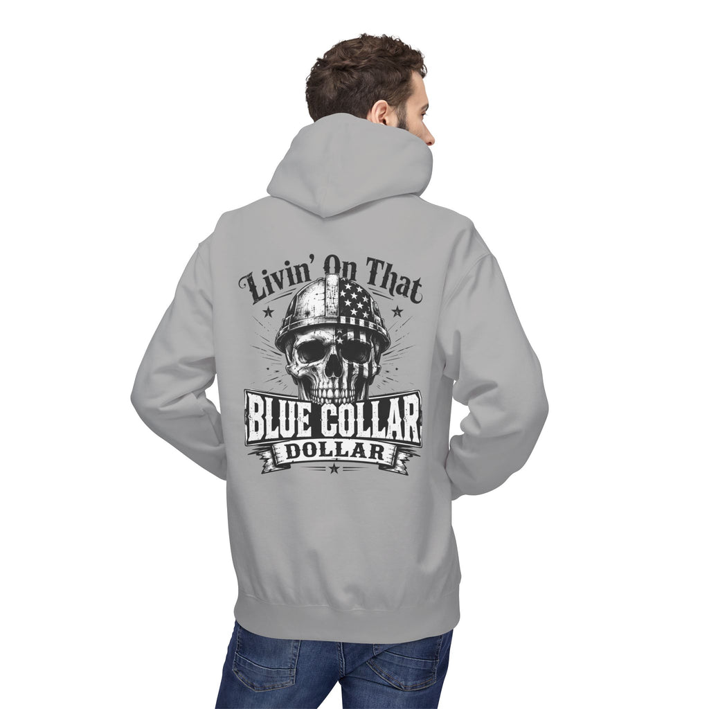 Blue Collar Dollar Hoodie — "Livin' That" Skull Workwear Pullover