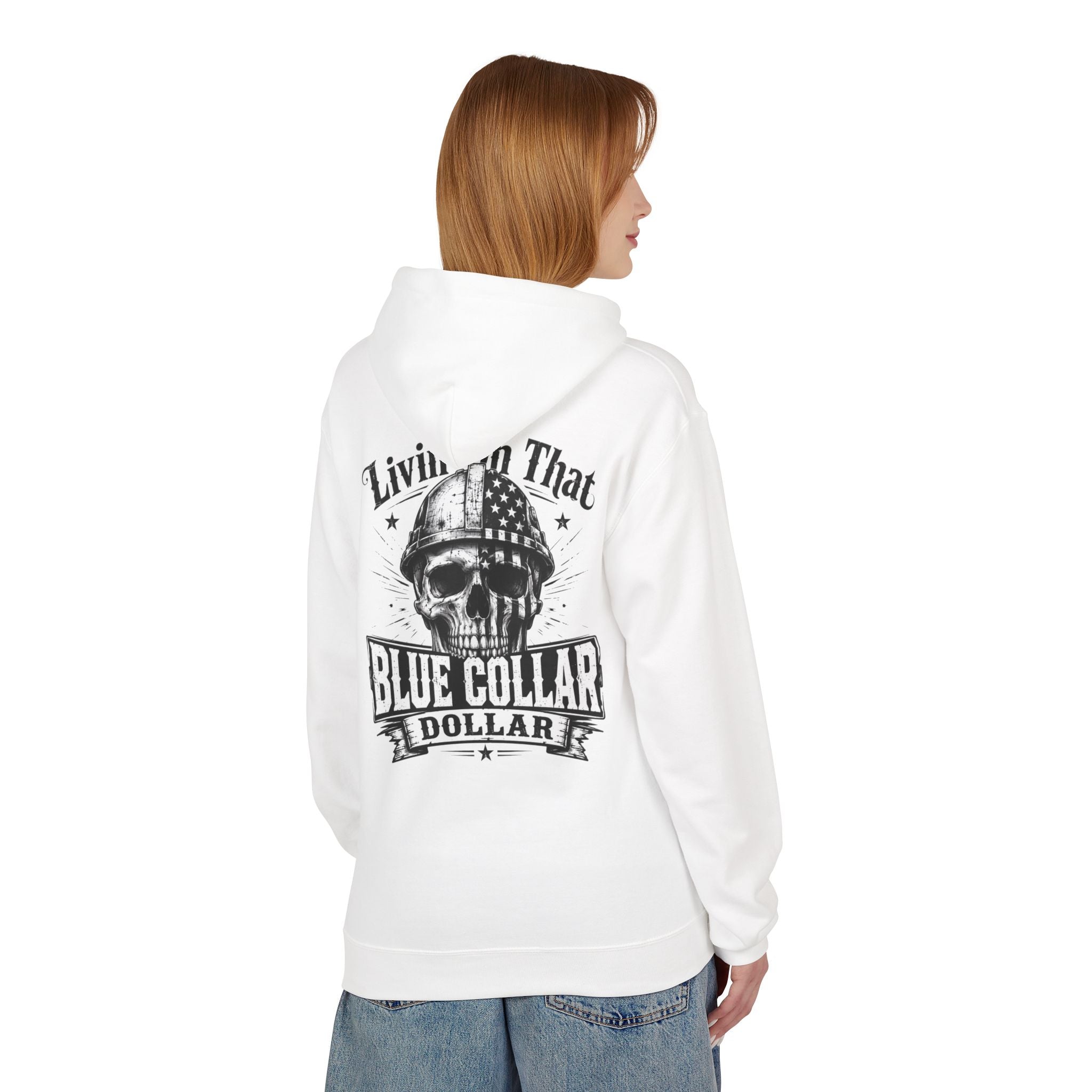 Blue Collar Dollar Hoodie — "Livin' That" Skull Workwear Pullover