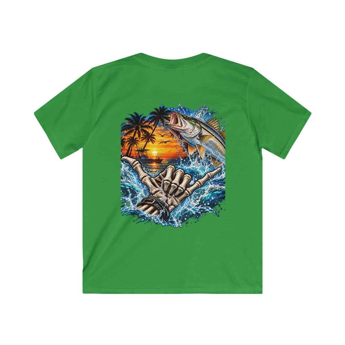 Kids Tee — Tropical Fishing Sunset Graphic (Back) with Small Front Logo