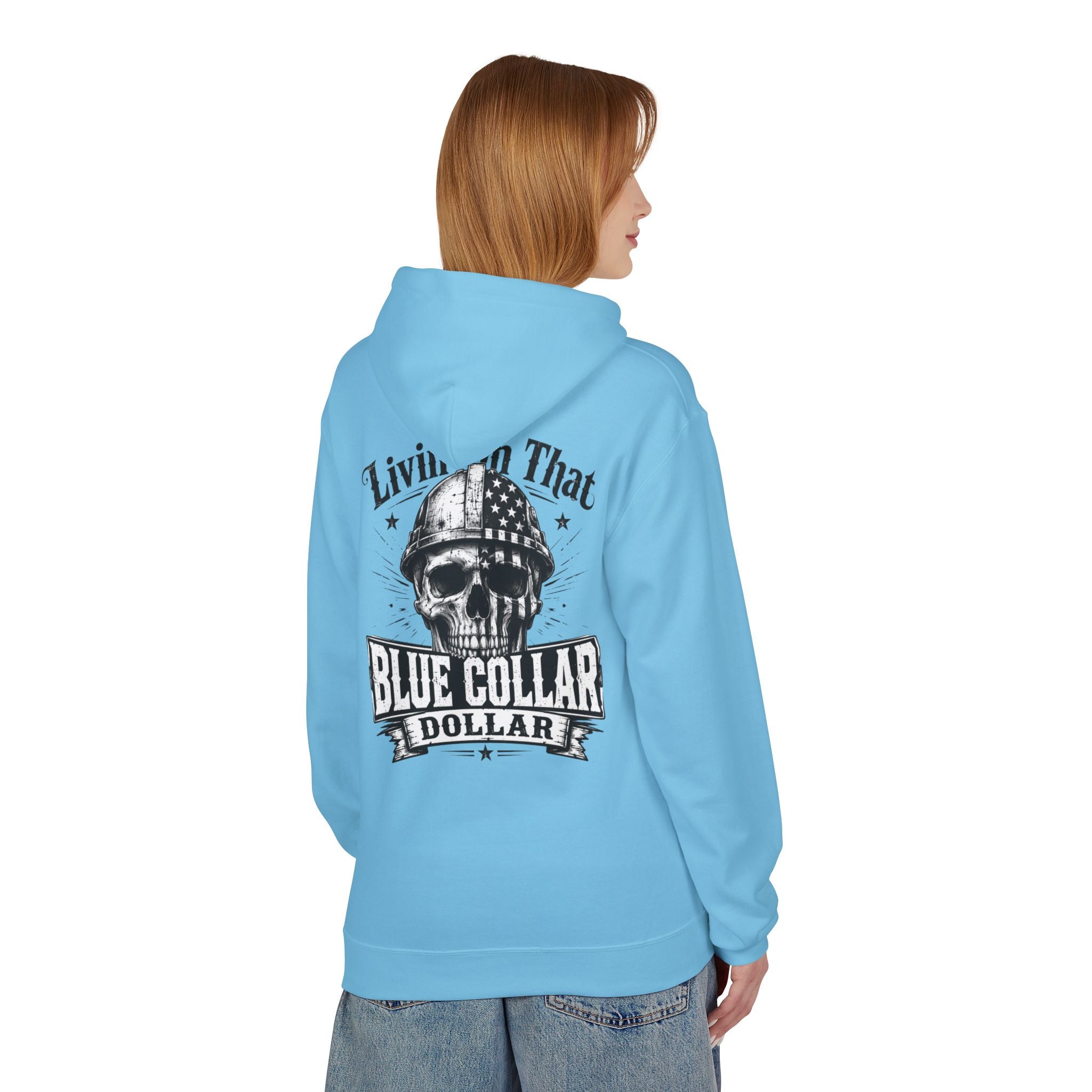 Blue Collar Dollar Hoodie — "Livin' That" Skull Workwear Pullover