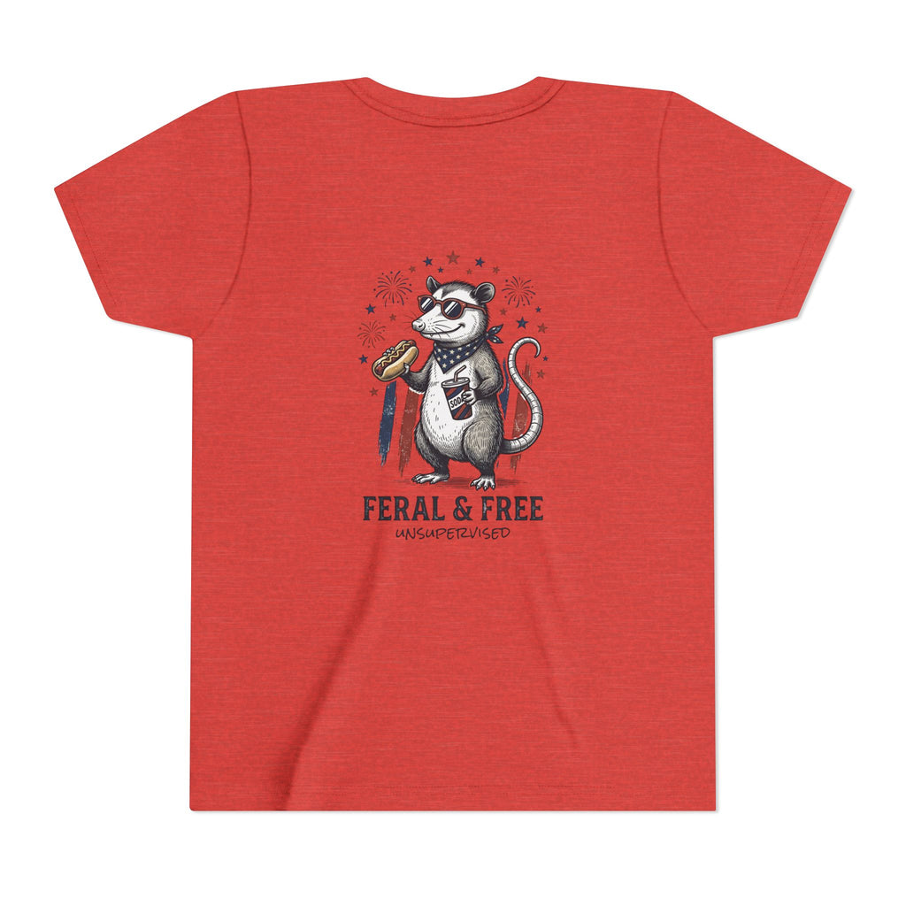 Youth Tee — "Feral & Free" Patriotic Possum Kids' Short Sleeve T-Shirt