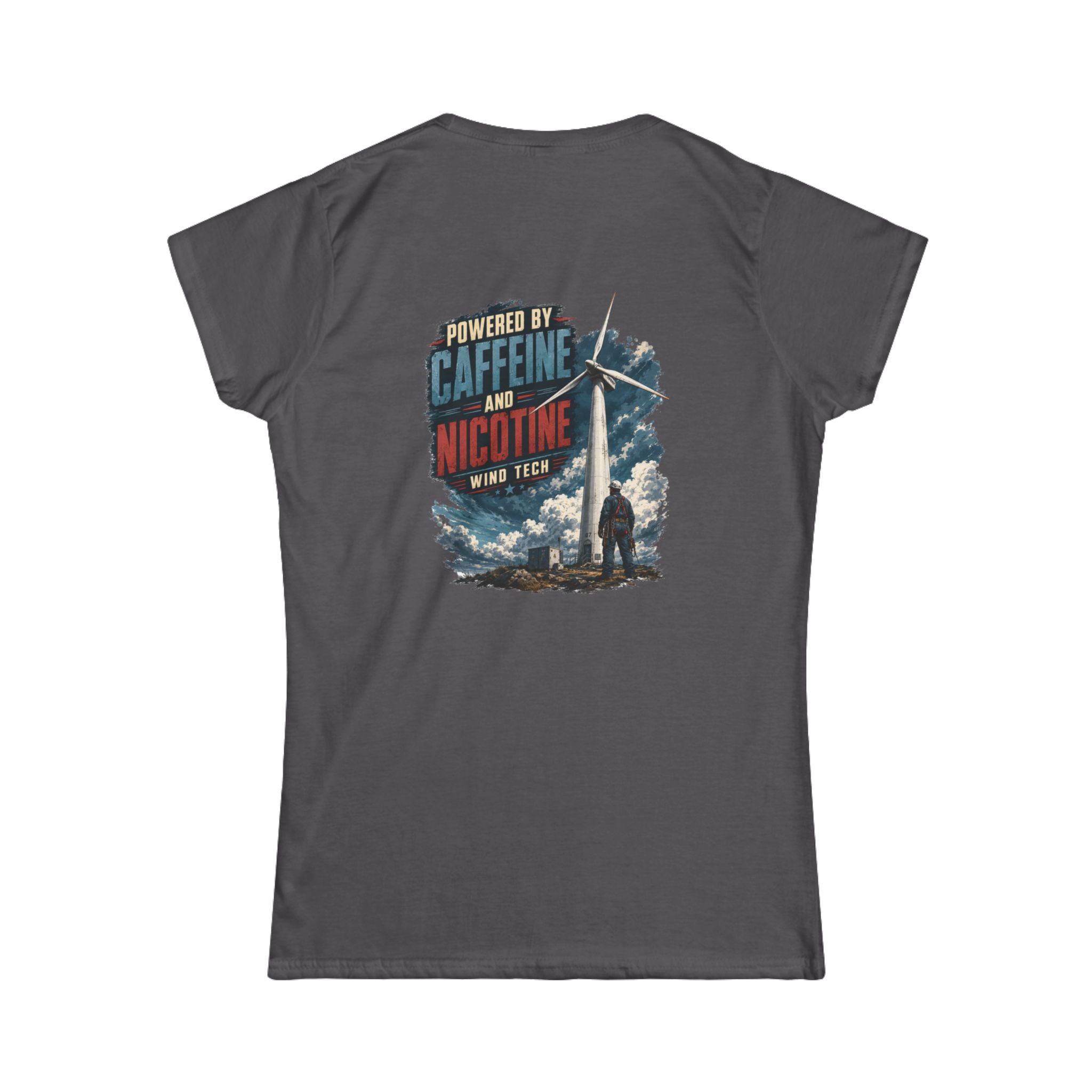 Women's Tee — "Powered by Caffeine and Nicotine" Retro Graphic Chest & Back