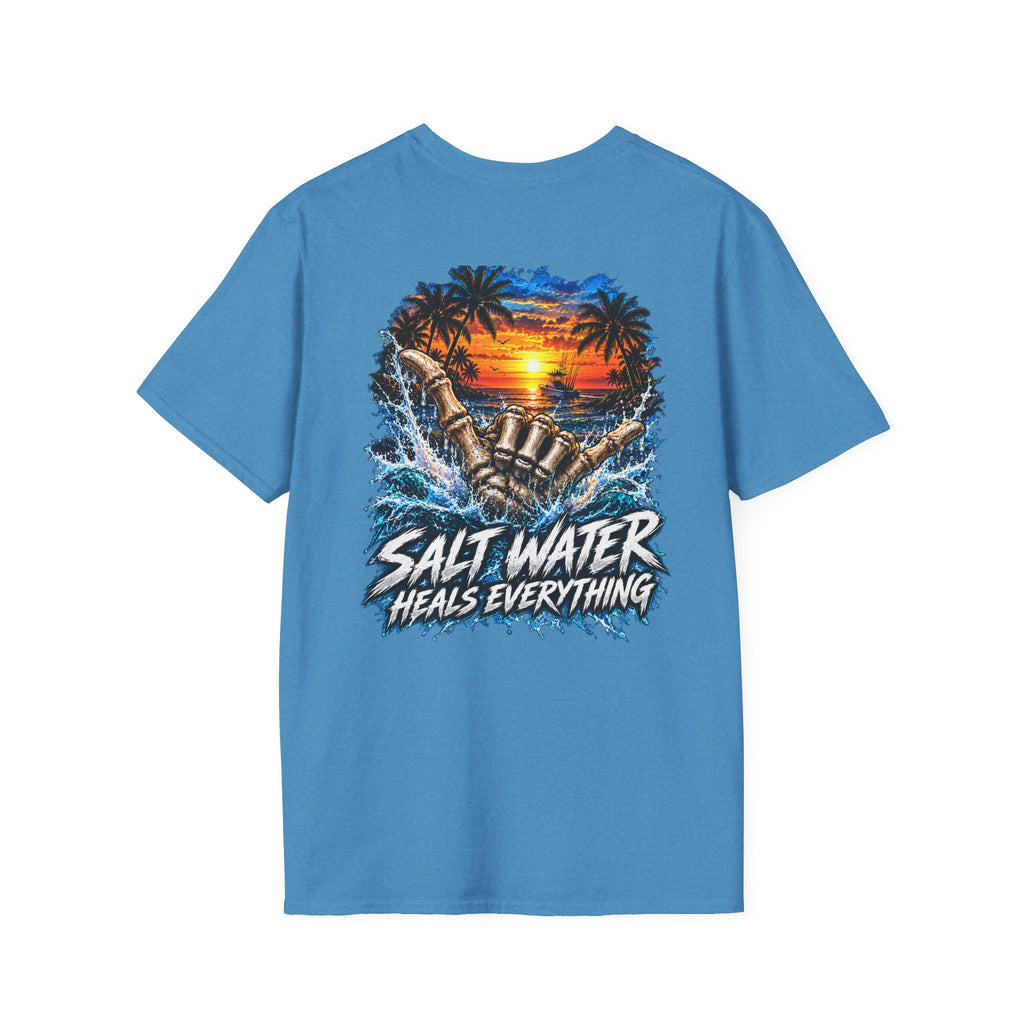 Salt Water Heals Everything T-Shirt — Tropical Sunset Beach Fishing Tee