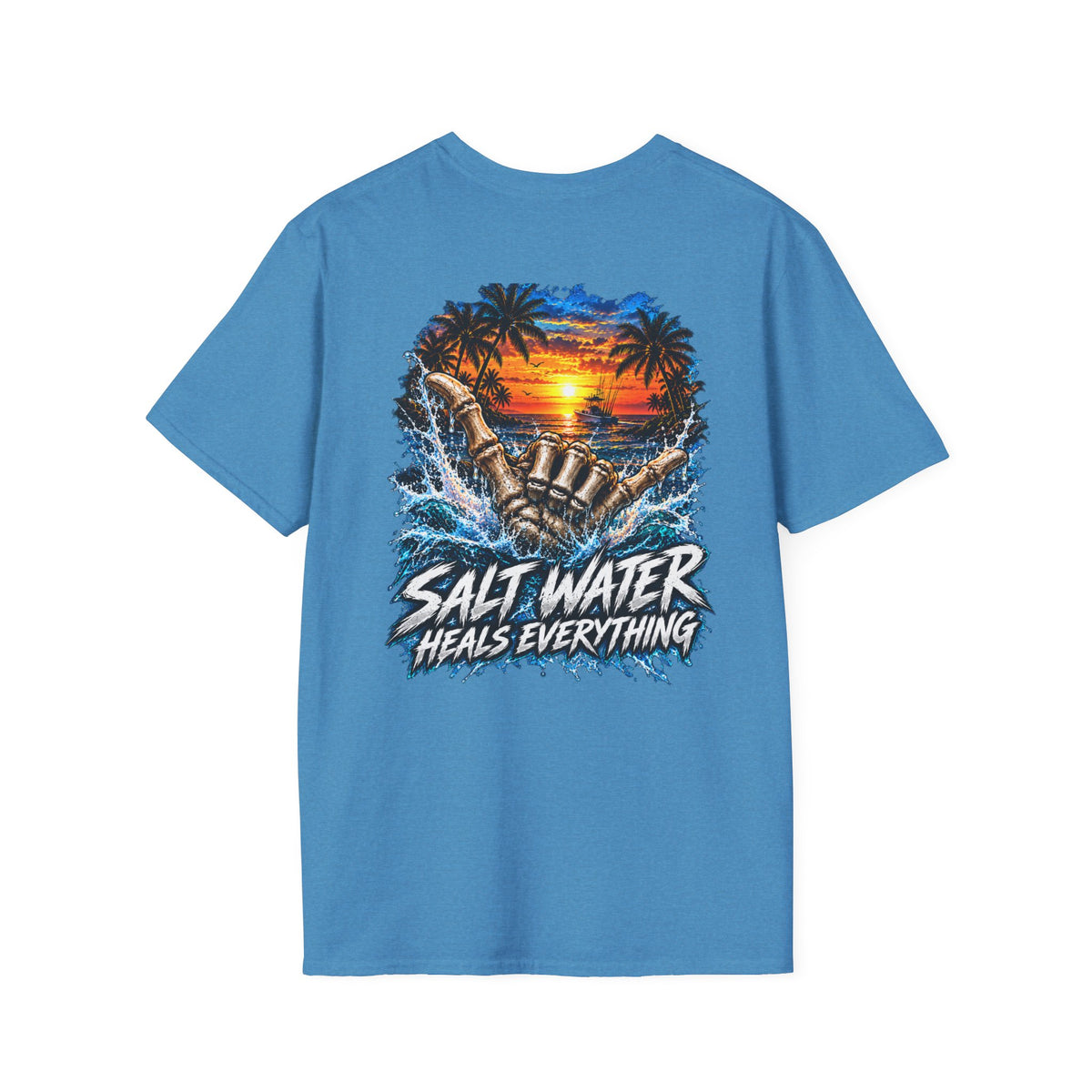 Salt Water Heals Everything T-Shirt — Tropical Sunset Beach Fishing Tee