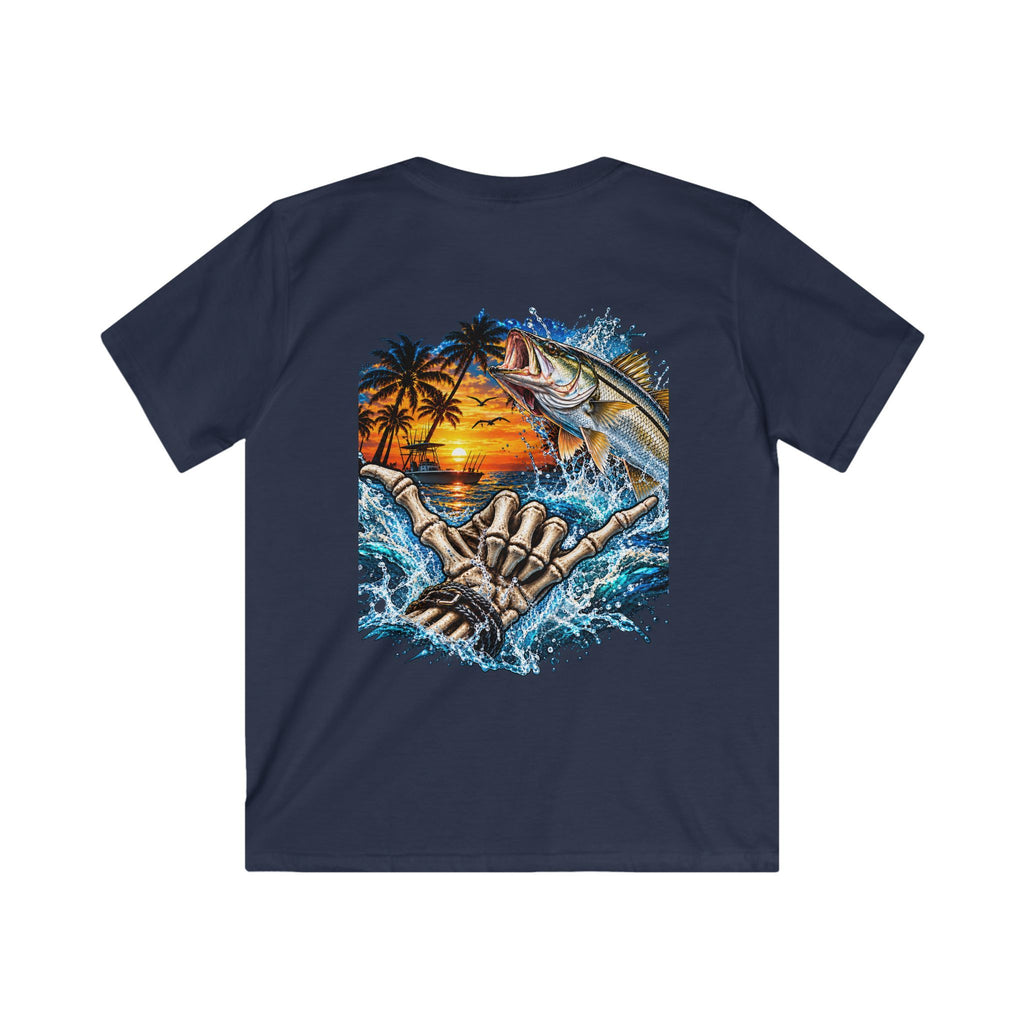 Kids Tee — Tropical Fishing Sunset Graphic (Back) with Small Front Logo