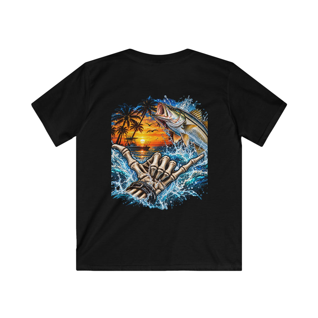 Kids Tee — Tropical Fishing Sunset Graphic (Back) with Small Front Logo