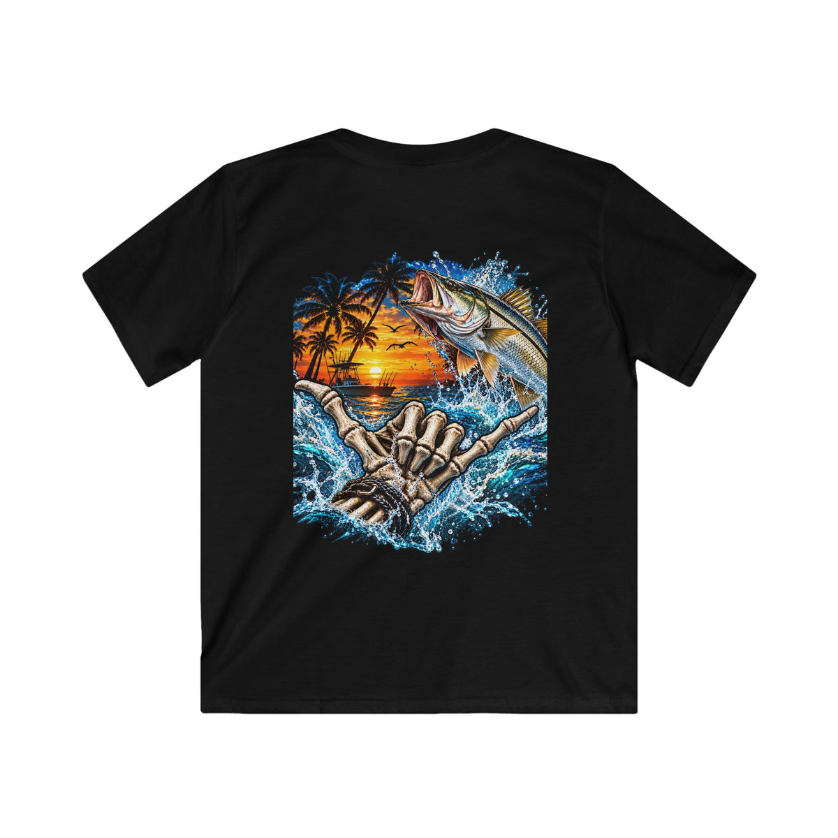 Kids Tee — Tropical Fishing Sunset Graphic (Back) with Small Front Logo