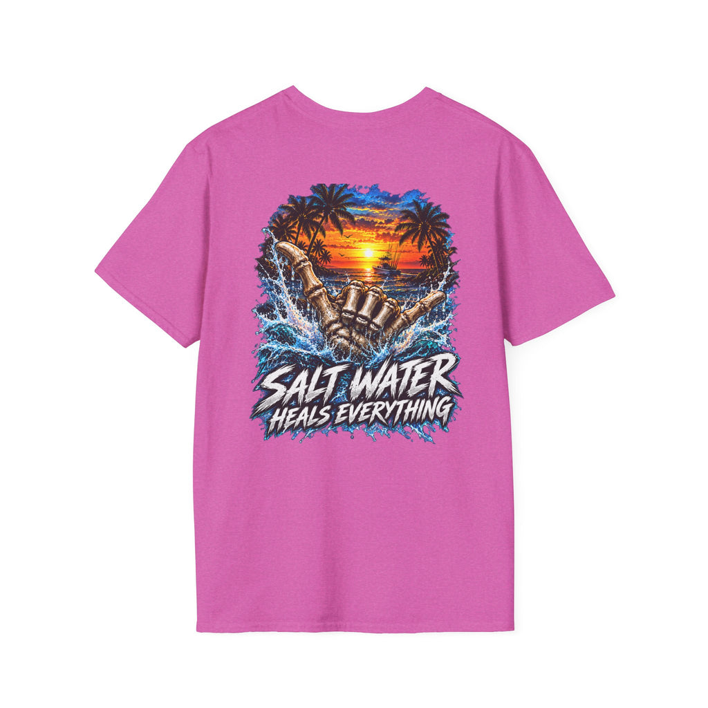 Salt Water Heals Everything T-Shirt — Tropical Sunset Beach Fishing Tee