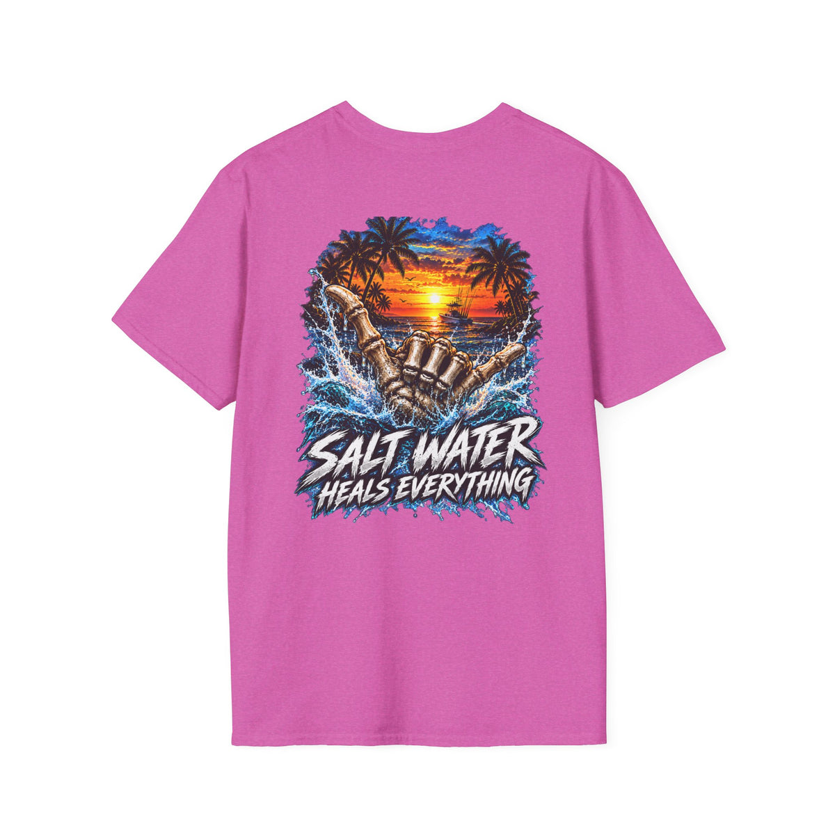 Salt Water Heals Everything T-Shirt — Tropical Sunset Beach Fishing Tee