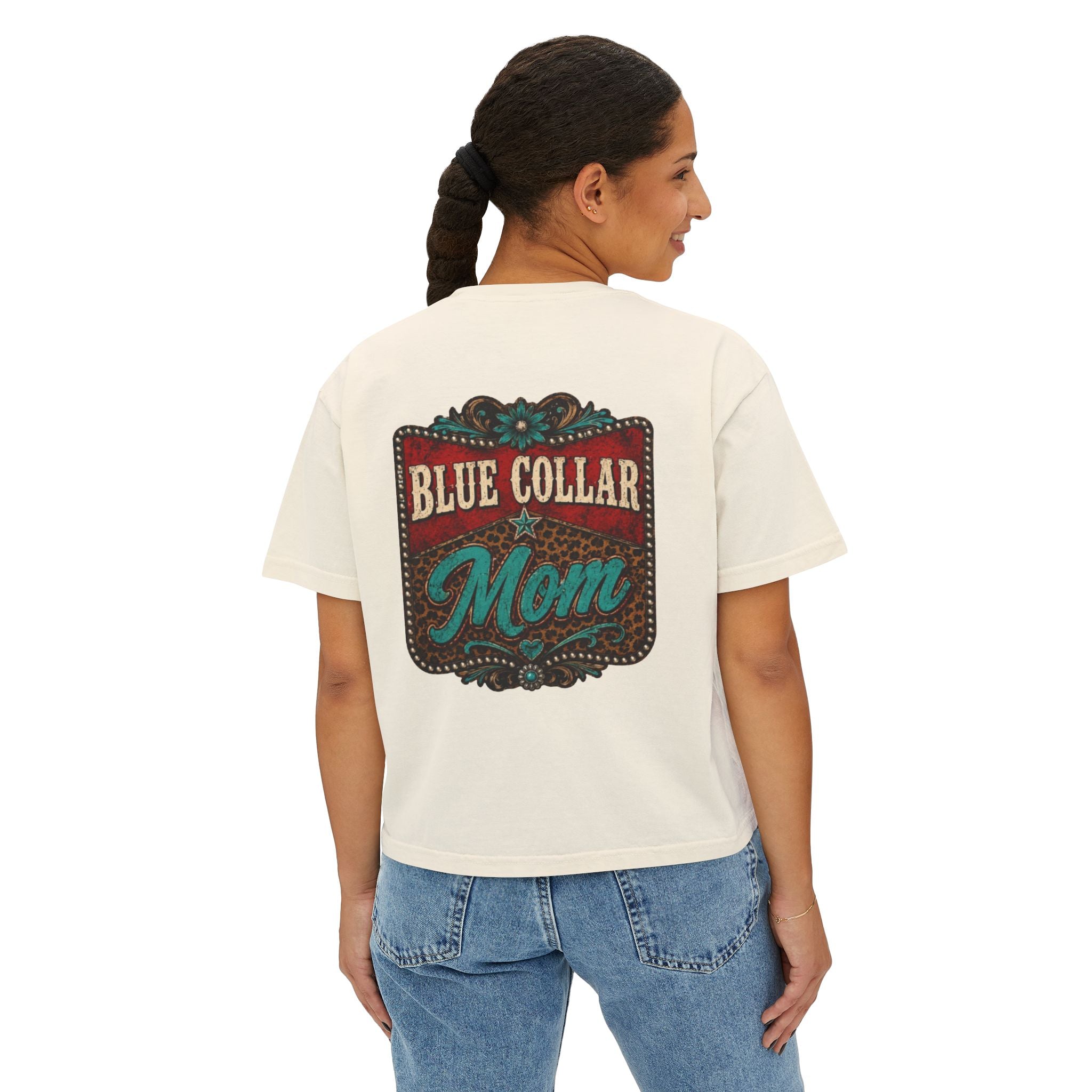 Blue Collar Mom Boxy Tee — Rustic Western Graphic Women’s T‑Shirt