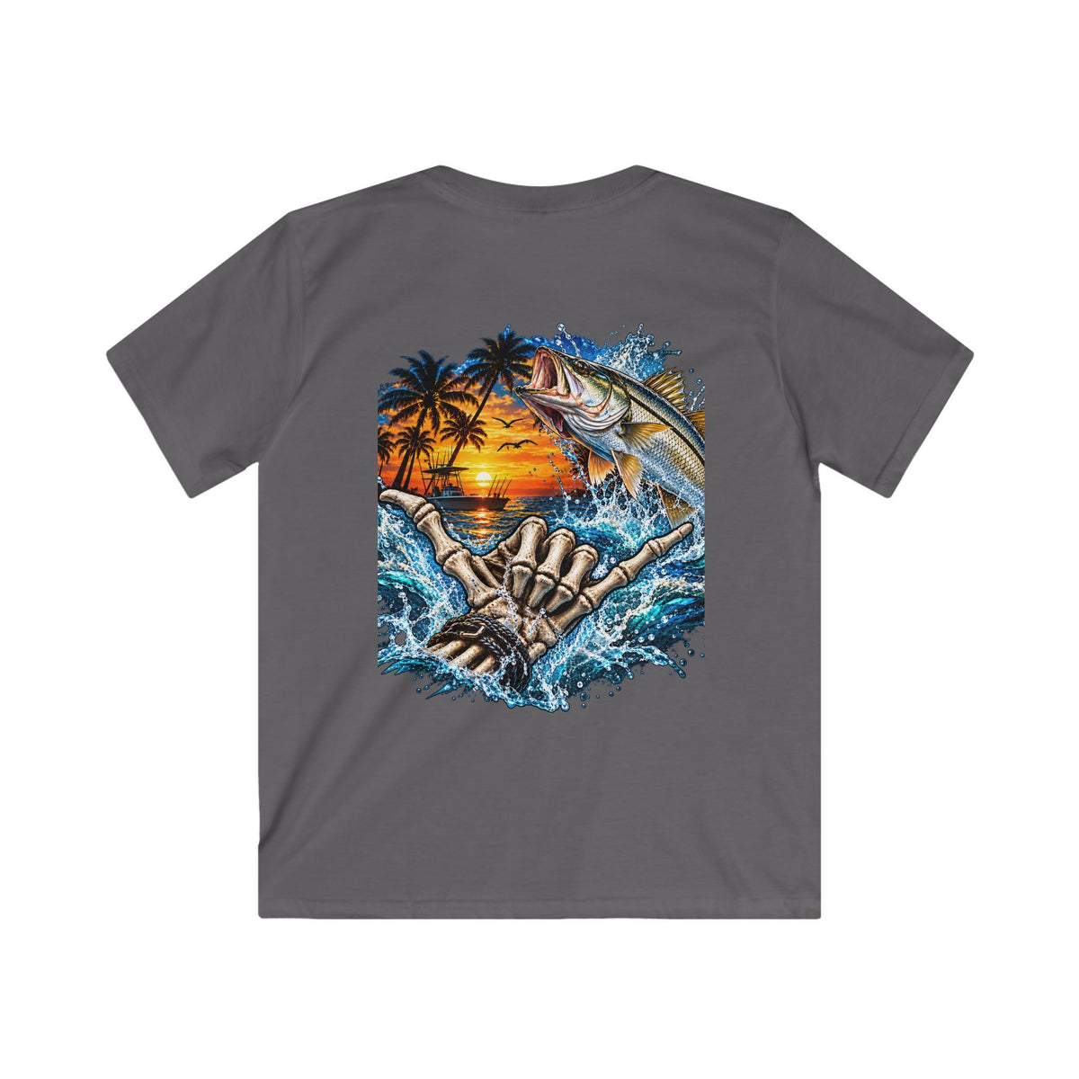 Kids Tee — Tropical Fishing Sunset Graphic (Back) with Small Front Logo