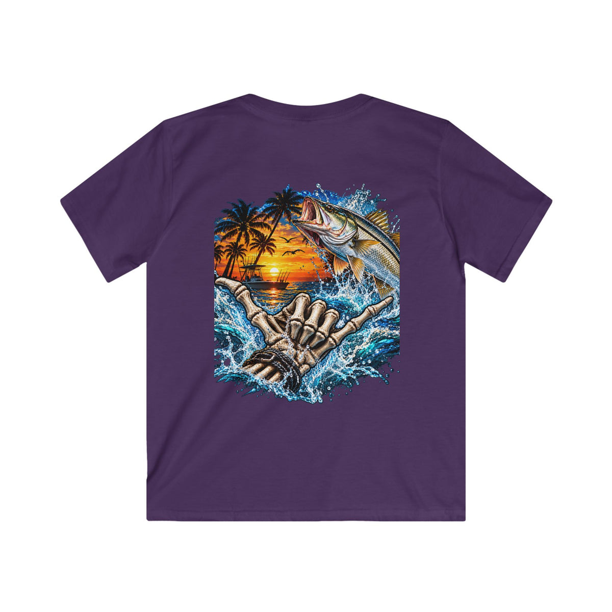 Kids Tee — Tropical Fishing Sunset Graphic (Back) with Small Front Logo