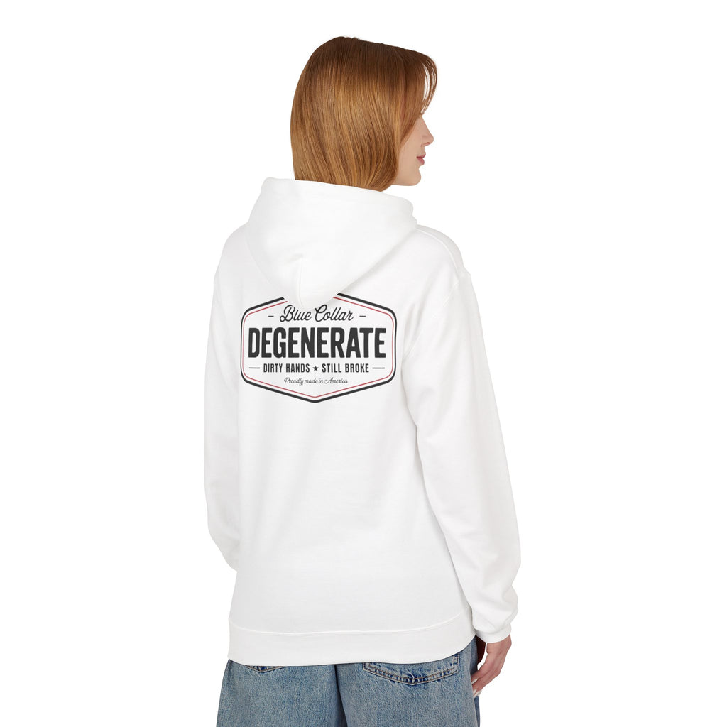 Blue Collar Degenerate Hoodie – "Dirty Hands • Still Broke" Workwear Pullover