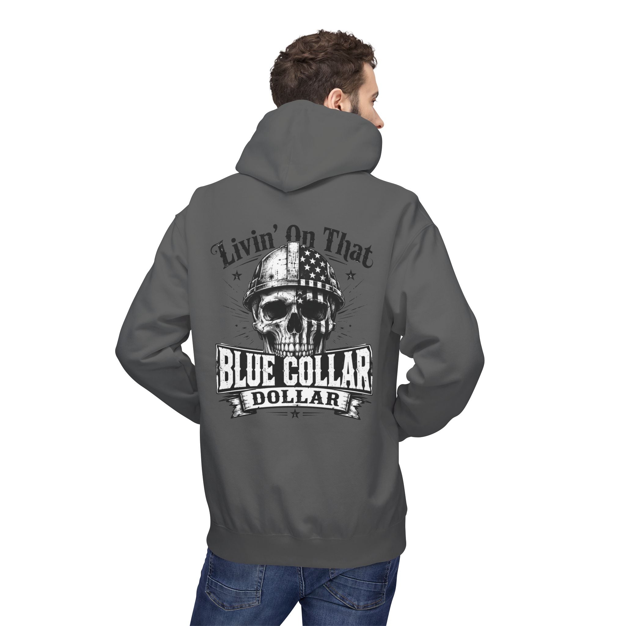 Blue Collar Dollar Hoodie — "Livin' That" Skull Workwear Pullover